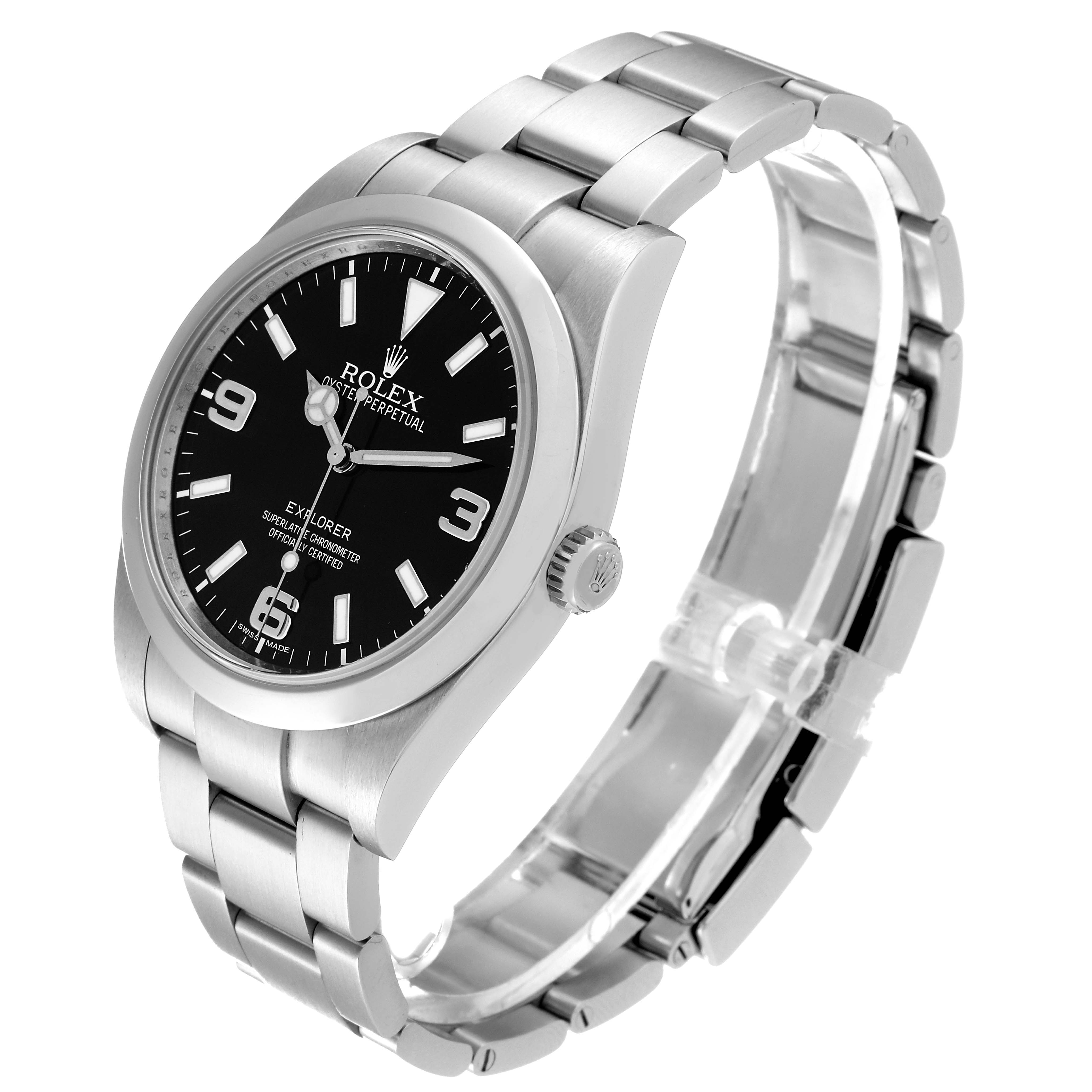 The image shows a Rolex Explorer 214270 Men
s Stainless Steel Black Dial 214270 Men
s Stainless Steel Black Dial watch at an angle highlighting its face, bezel, crown, and bracelet.
