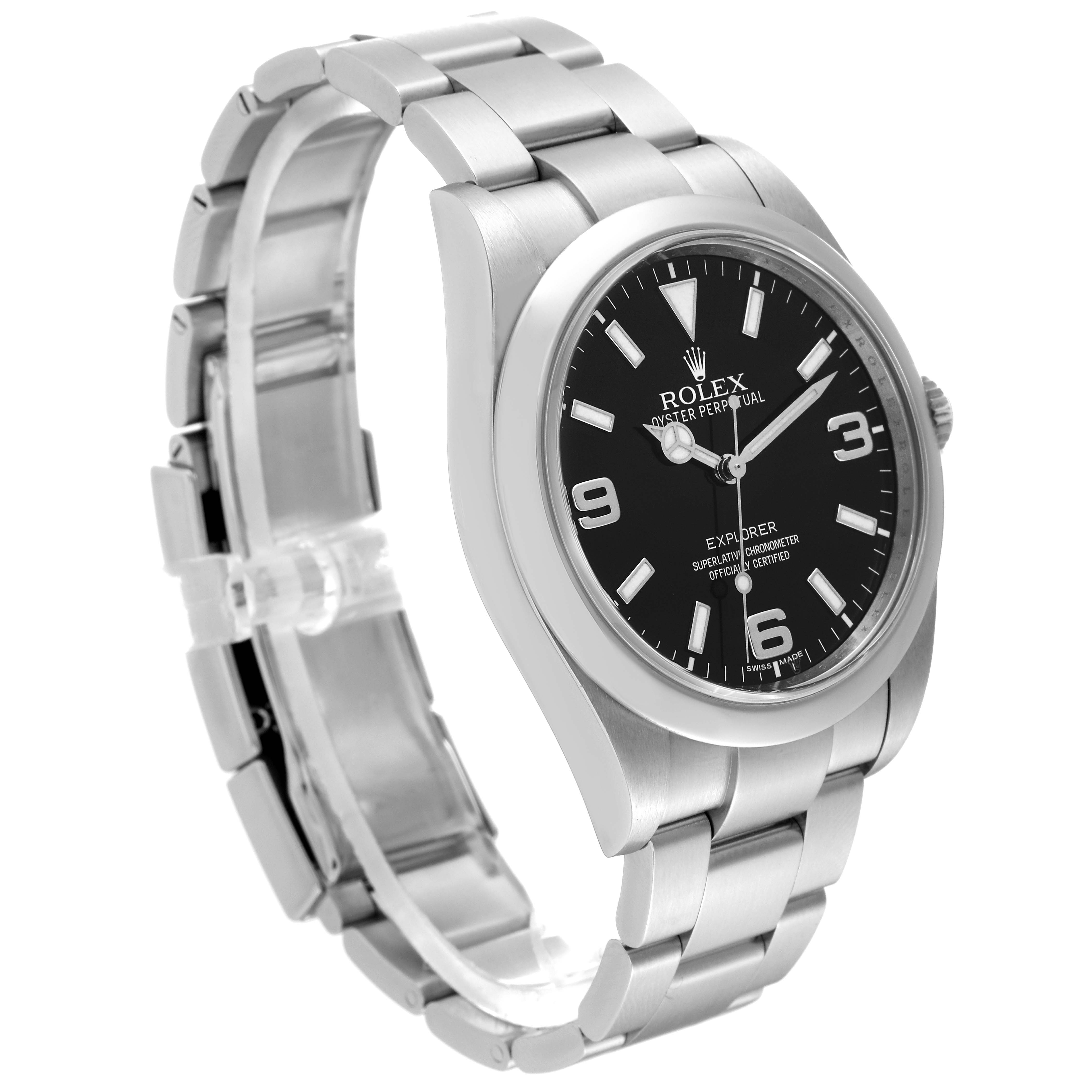 The image shows a Rolex Explorer 214270 Men's Stainless Steel Black Dial 214270 Men's Stainless Steel Black Dial watch at an angle, highlighting the face, bezel, crown, and part of the bracelet.