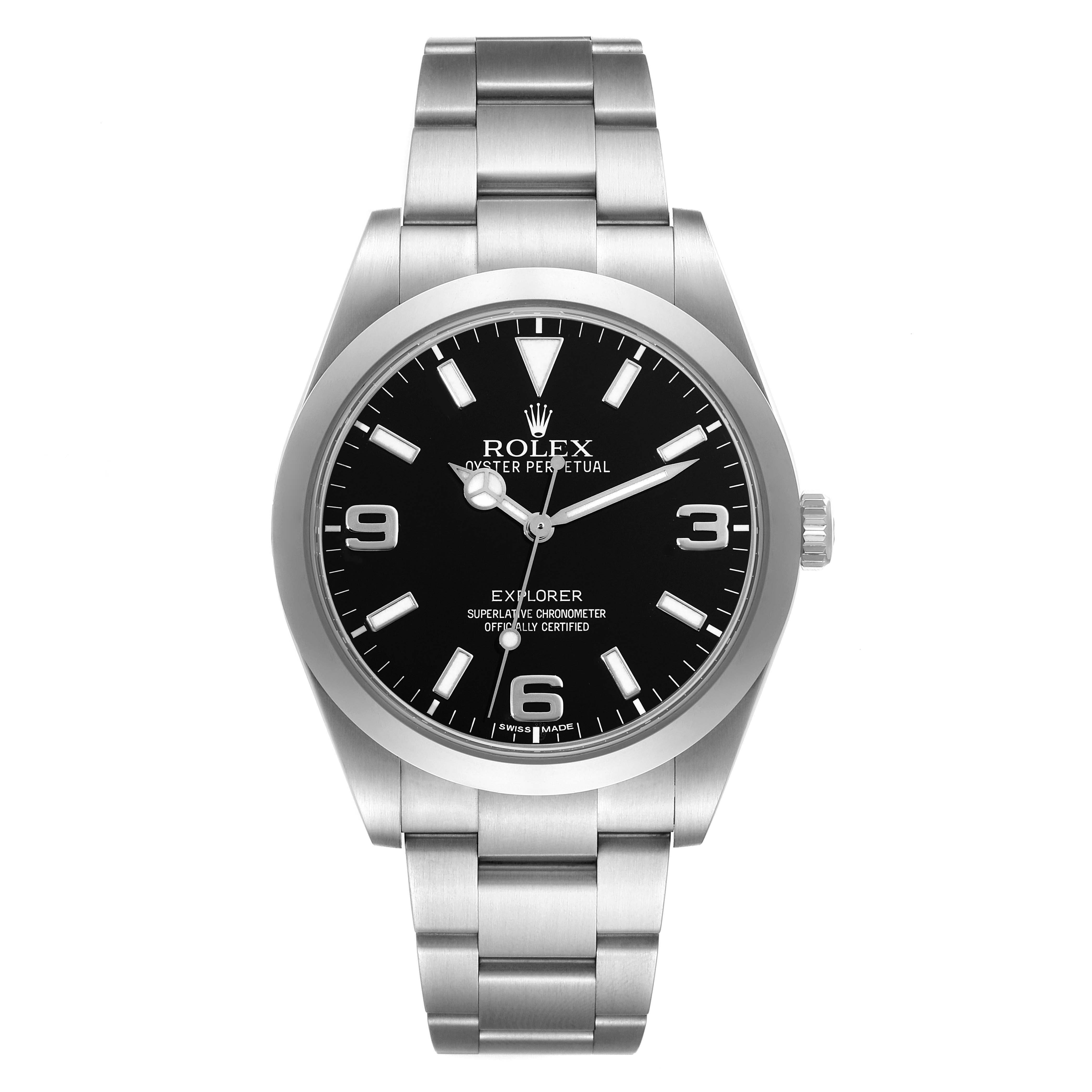 The image shows a front view of a Rolex Explorer 214270 Men's Stainless Steel Black Dial 214270 Men's Stainless Steel Black Dial watch featuring the dial, hands, bezel, and metal bracelet.