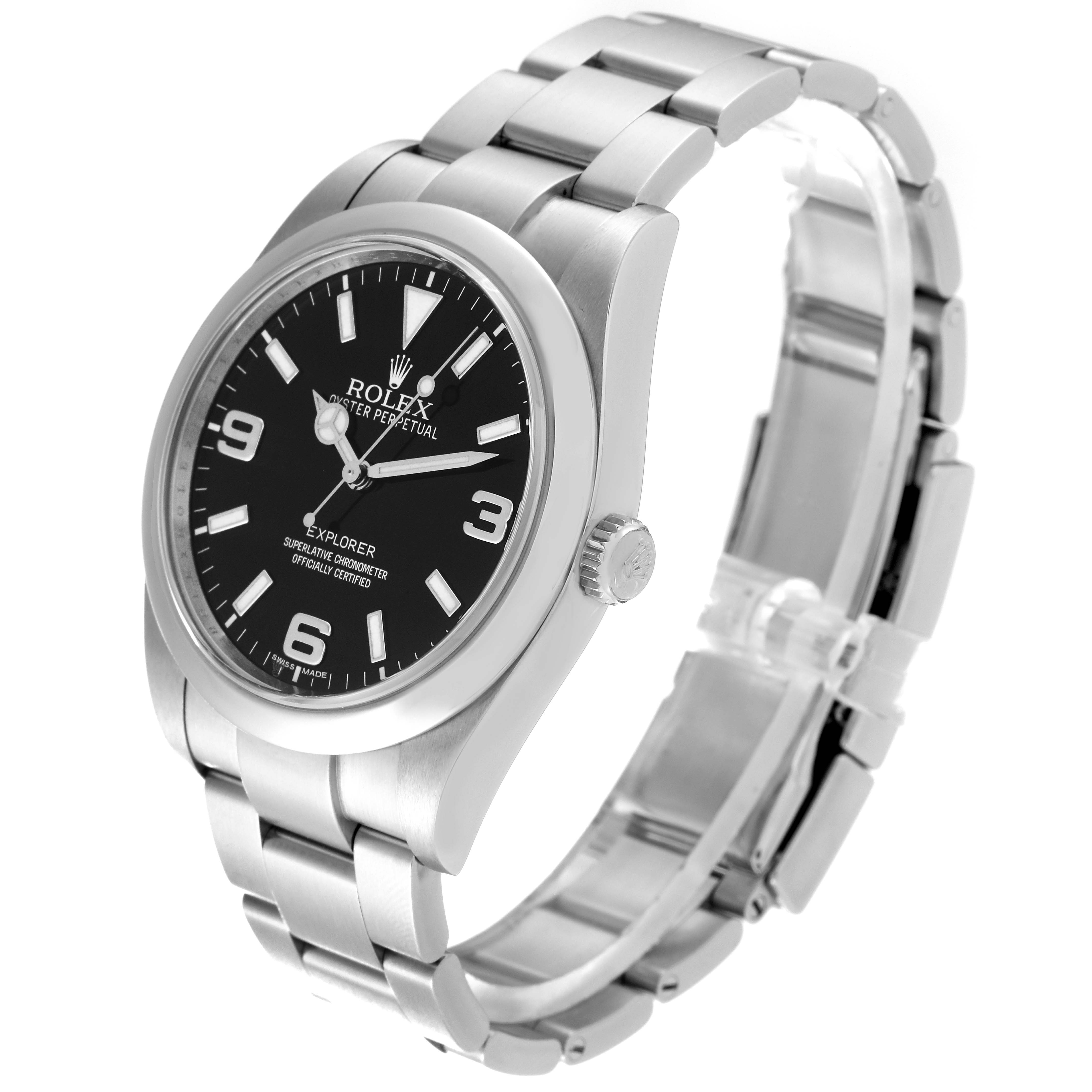 The image shows a Rolex Explorer 214270 Men's Stainless Steel Black Dial 214270 Men's Stainless Steel Black Dial watch angled to display the face, bezel, crown, and part of the bracelet.