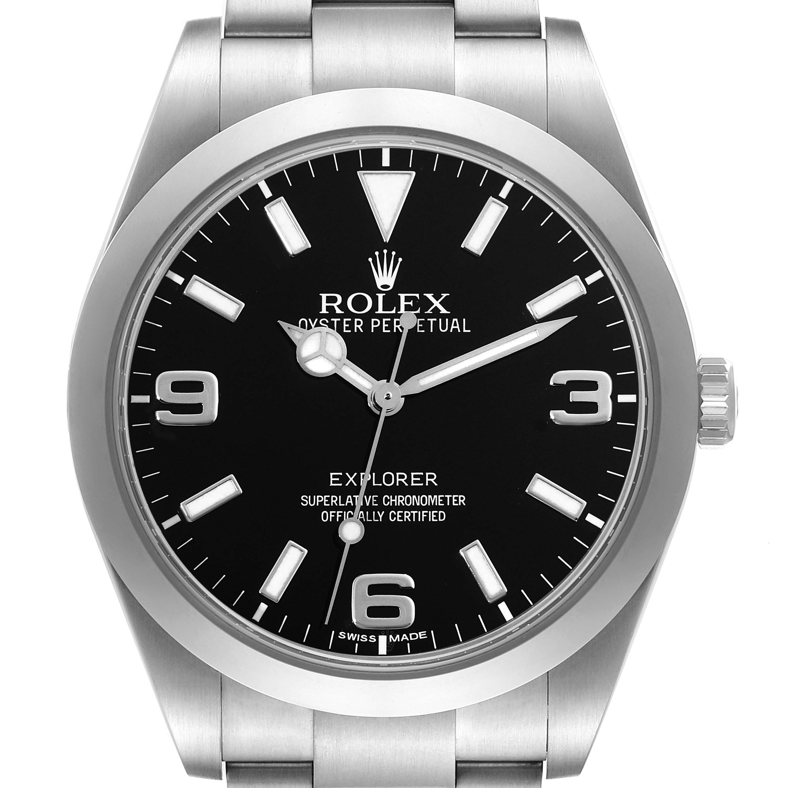 The image shows a front view of a Rolex Explorer 214270 Men's Stainless Steel Black Dial 214270 Men's Stainless Steel Black Dial watch, displaying the face, bezel, and a portion of the bracelet.