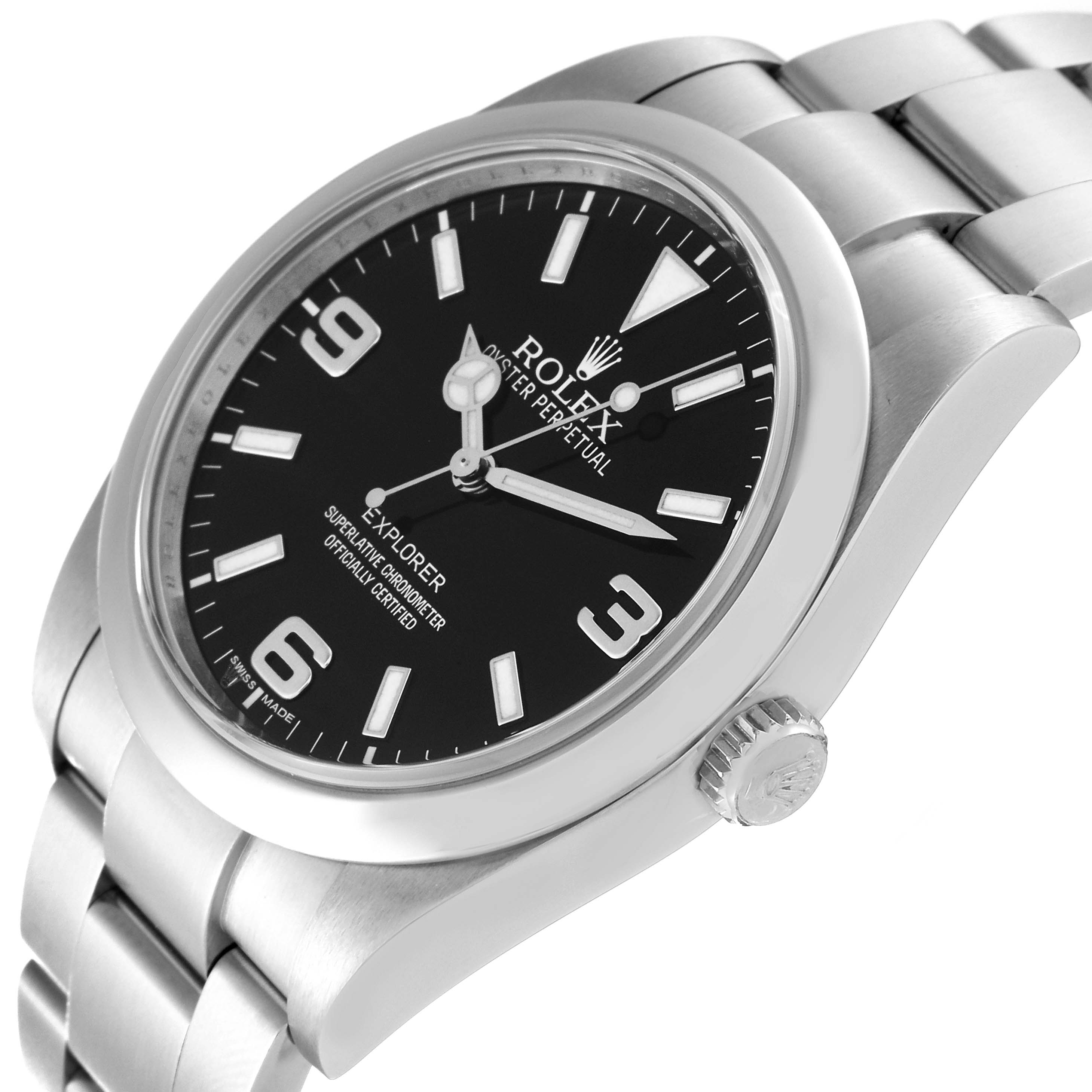 The Rolex Explorer 214270 Men's Stainless Steel Black Dial 214270 Men's Stainless Steel Black Dial watch is shown at an angled view showcasing the dial, bezel, crown, and part of the stainless steel bracelet.