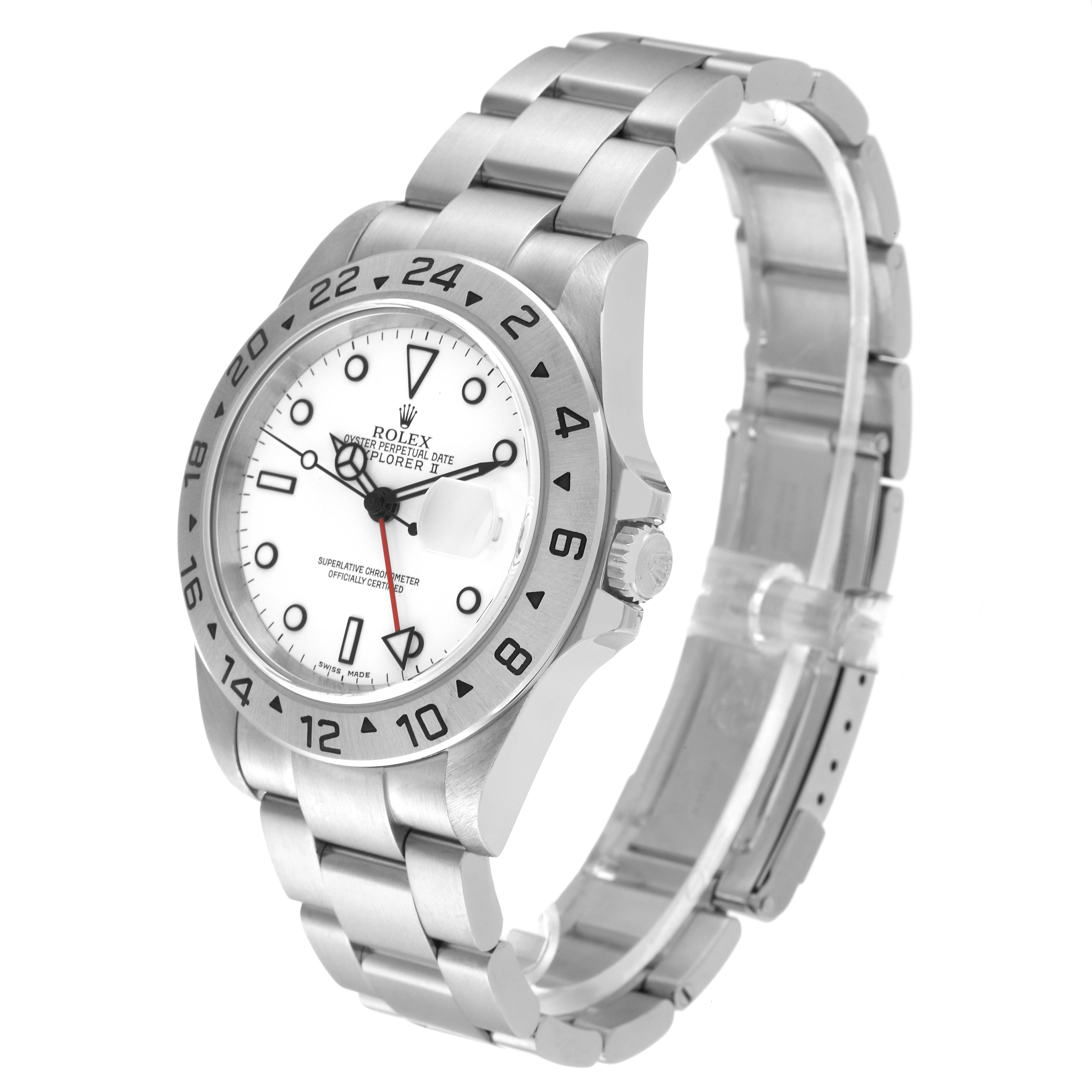 The image shows a Rolex Explorer 16570T Men
s Stainless Steel White Dial 16570T Men
s Stainless Steel White Dial watch at a three-quarter angle, highlighting its face, bezel, crown, and bracelet.