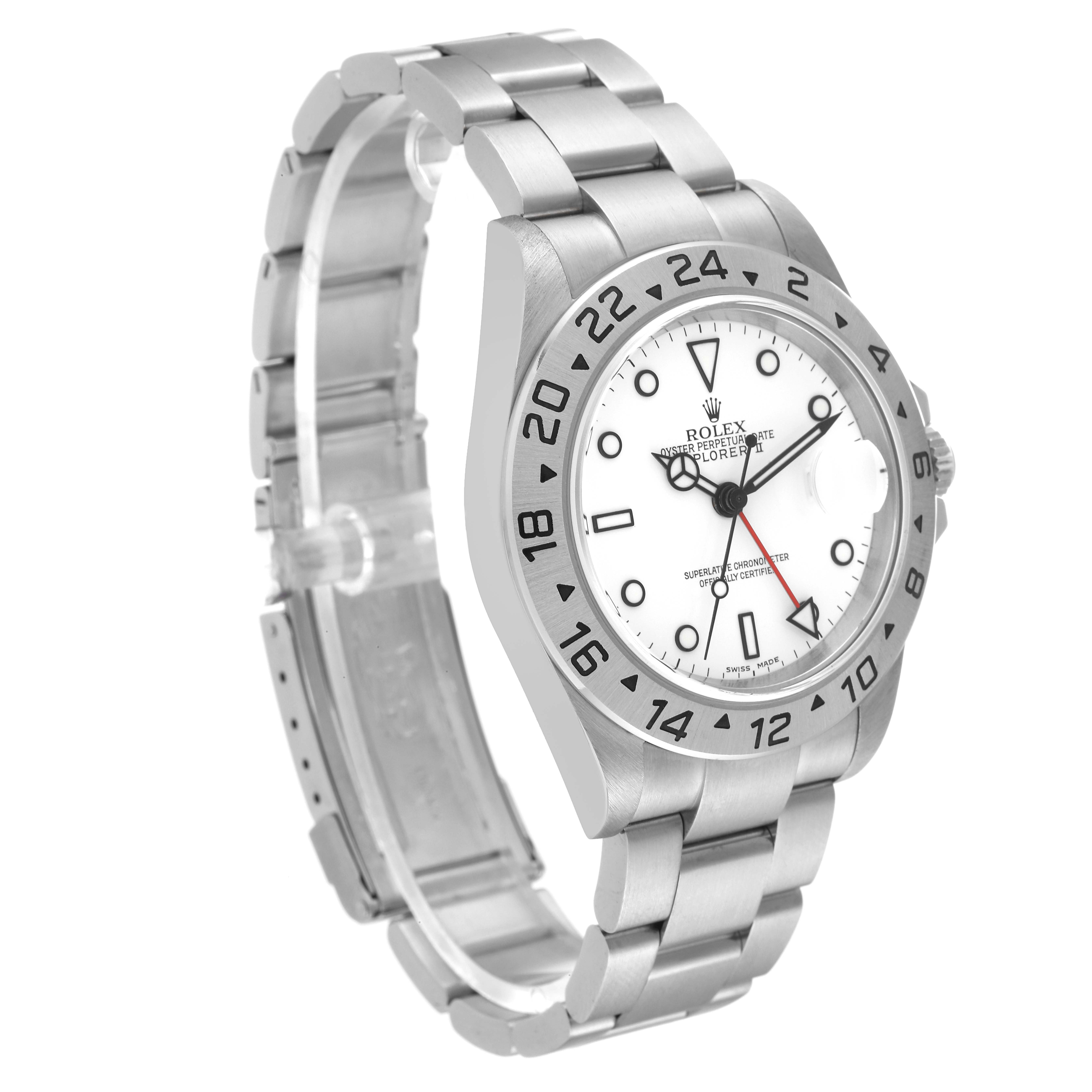 This Rolex Explorer 16570T Men
s Stainless Steel White Dial 16570T Men
s Stainless Steel White Dial model watch is shown at a three-quarter angle, displaying the face, bezel, and bracelet.