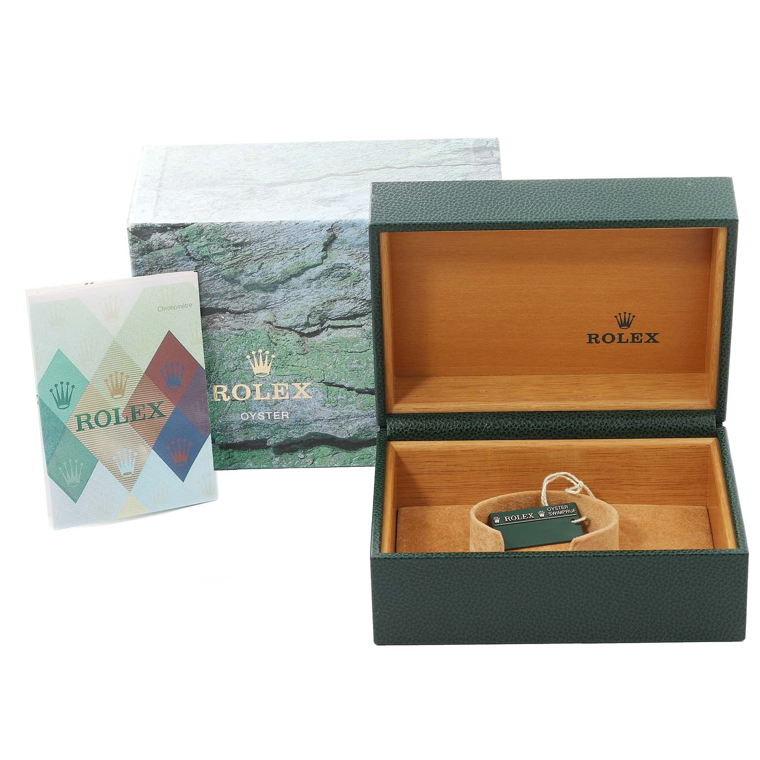 The image shows the Rolex Explorer 16570T Men
s Stainless Steel White Dial 16570T Men
s Stainless Steel White Dial watch packaging, including the outer box, green watch box, manual, and tag.