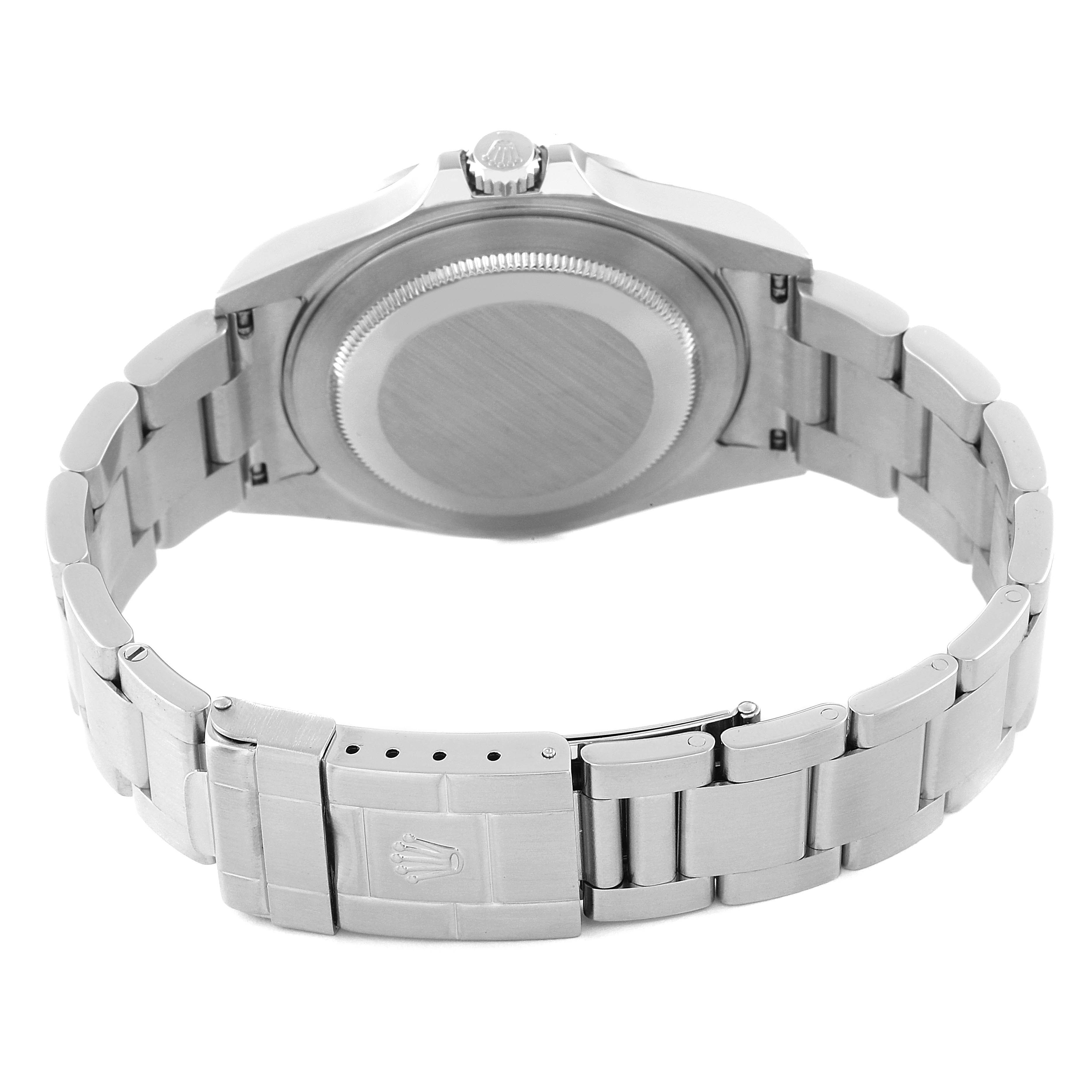 The image shows the back view of the Rolex Explorer 16570T Men
s Stainless Steel White Dial 16570T Men
s Stainless Steel White Dial watch, focusing on the case back and metal bracelet with clasp.
