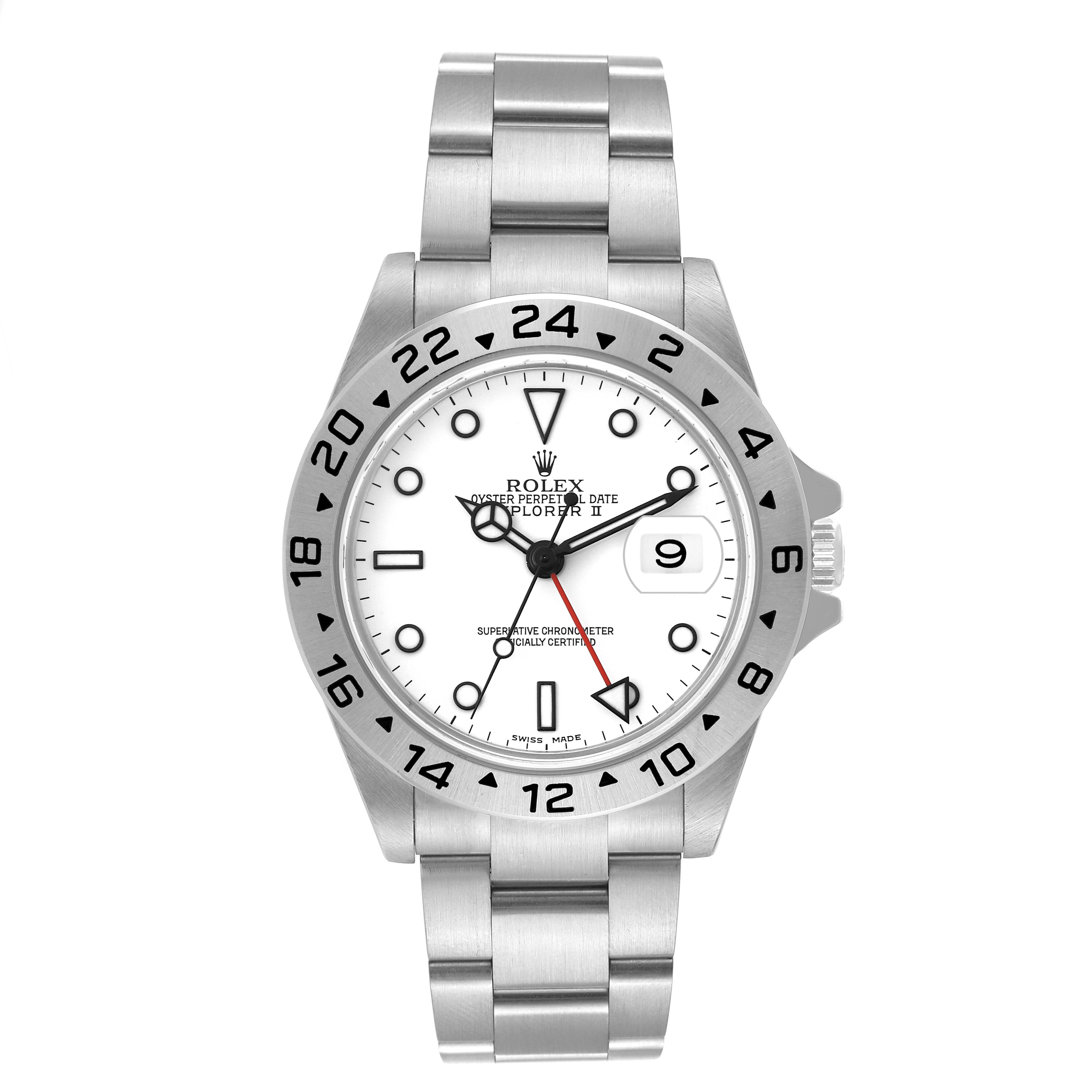 The image shows a Rolex Explorer 16570T Men
s Stainless Steel White Dial 16570T Men
s Stainless Steel White Dial watch from a front angle, highlighting its face, bezel, and bracelet.