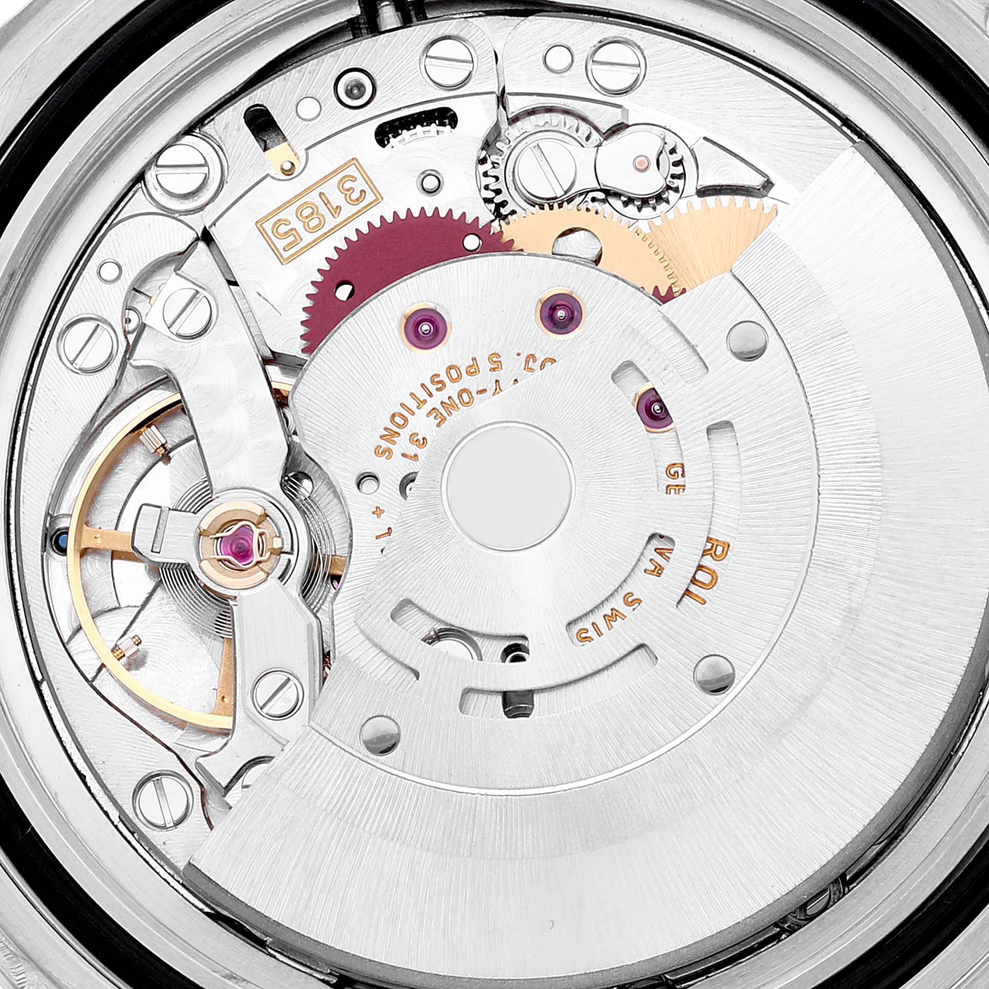 This image shows the internal movement components of a Rolex Explorer 16570T Men
s Stainless Steel White Dial 16570T Men
s Stainless Steel White Dial watch, including gears, screws, and the engraved rotor.
