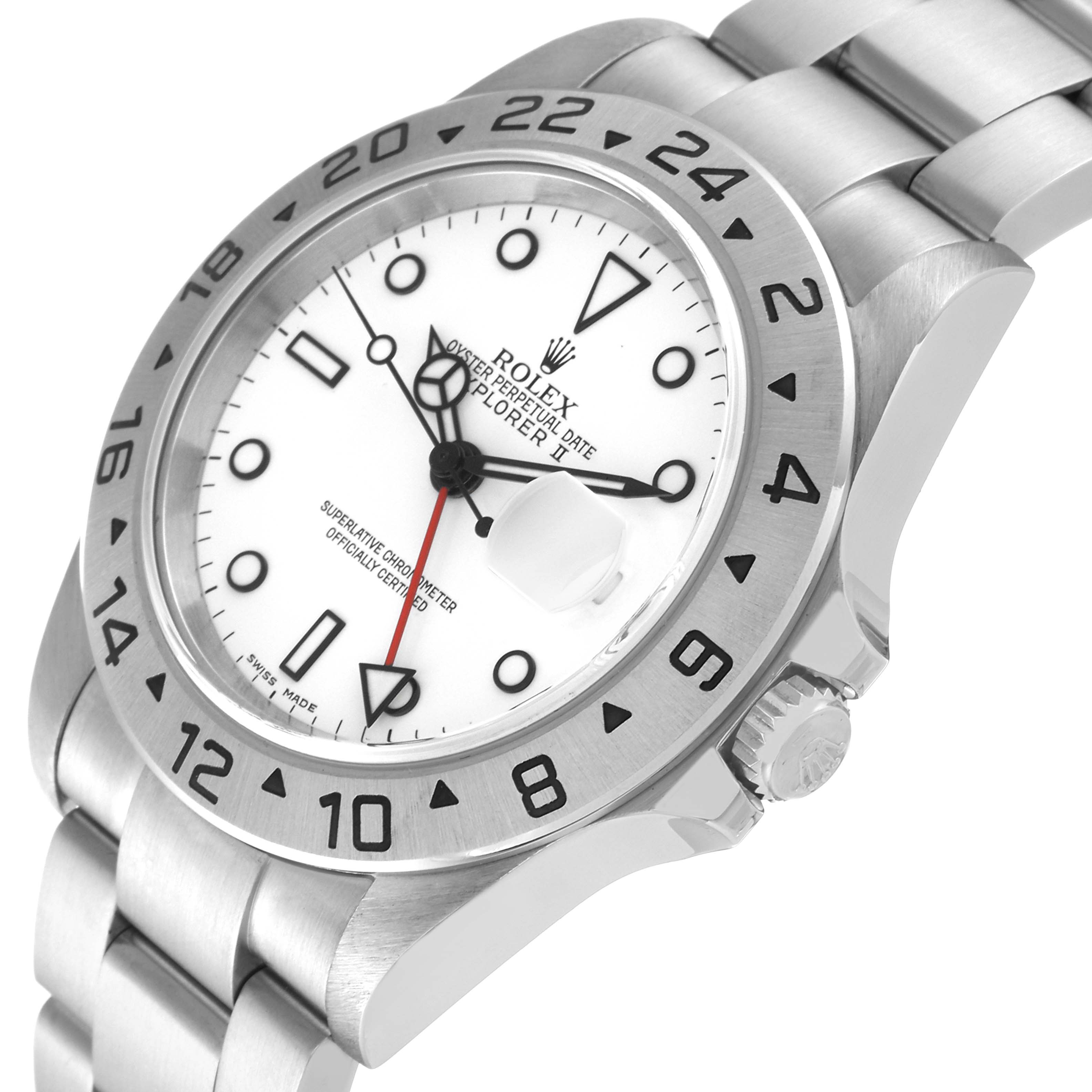 The image shows a Rolex Explorer 16570T Men
s Stainless Steel White Dial 16570T Men
s Stainless Steel White Dial model watch at an angle highlighting the face, bezel, and part of the bracelet.