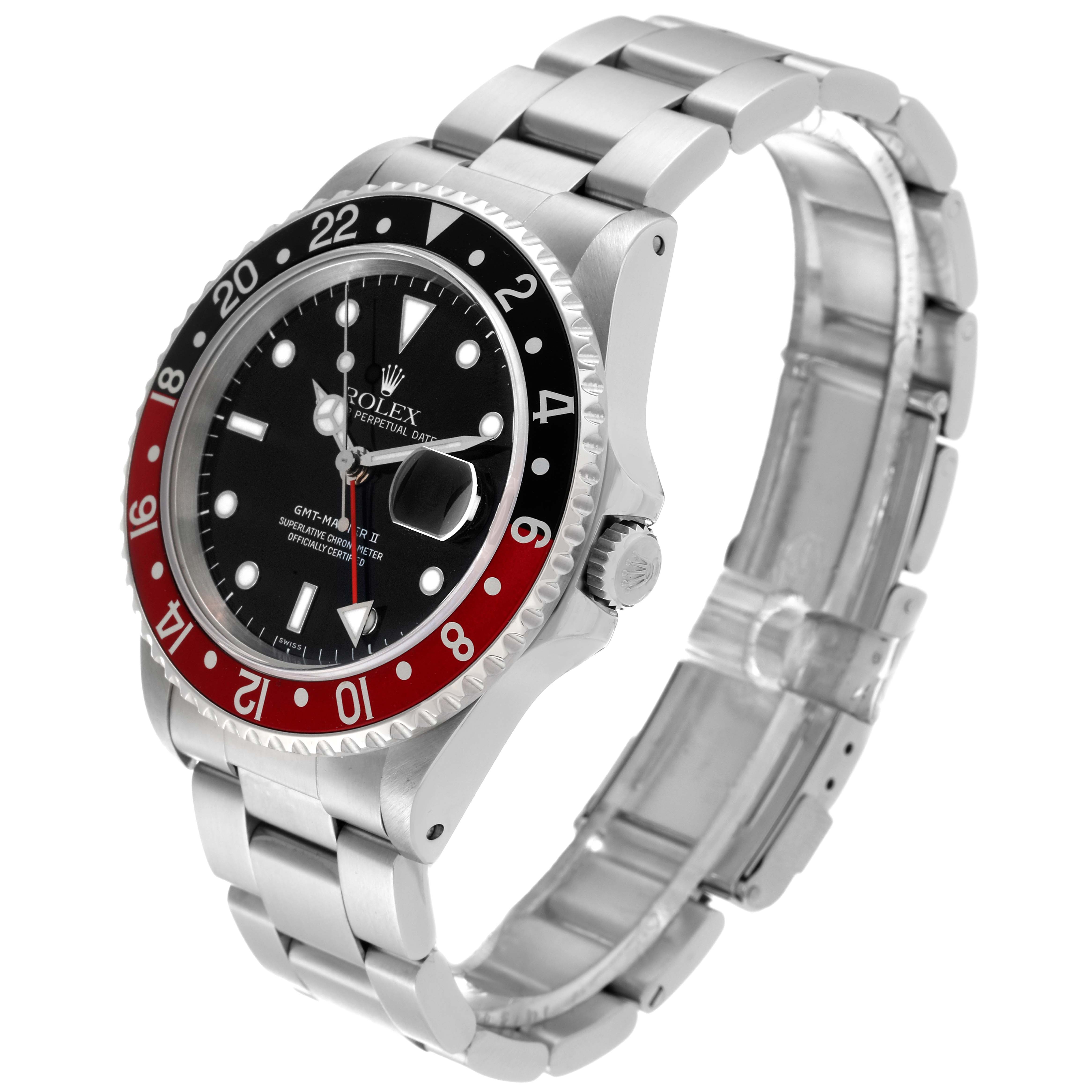 The image shows a side angle of the Rolex GMT-Master 16710 Men
s Stainless Steel Black Dial 16710 Men
s Stainless Steel Black Dial watch featuring its bezel, dial, case, and bracelet.