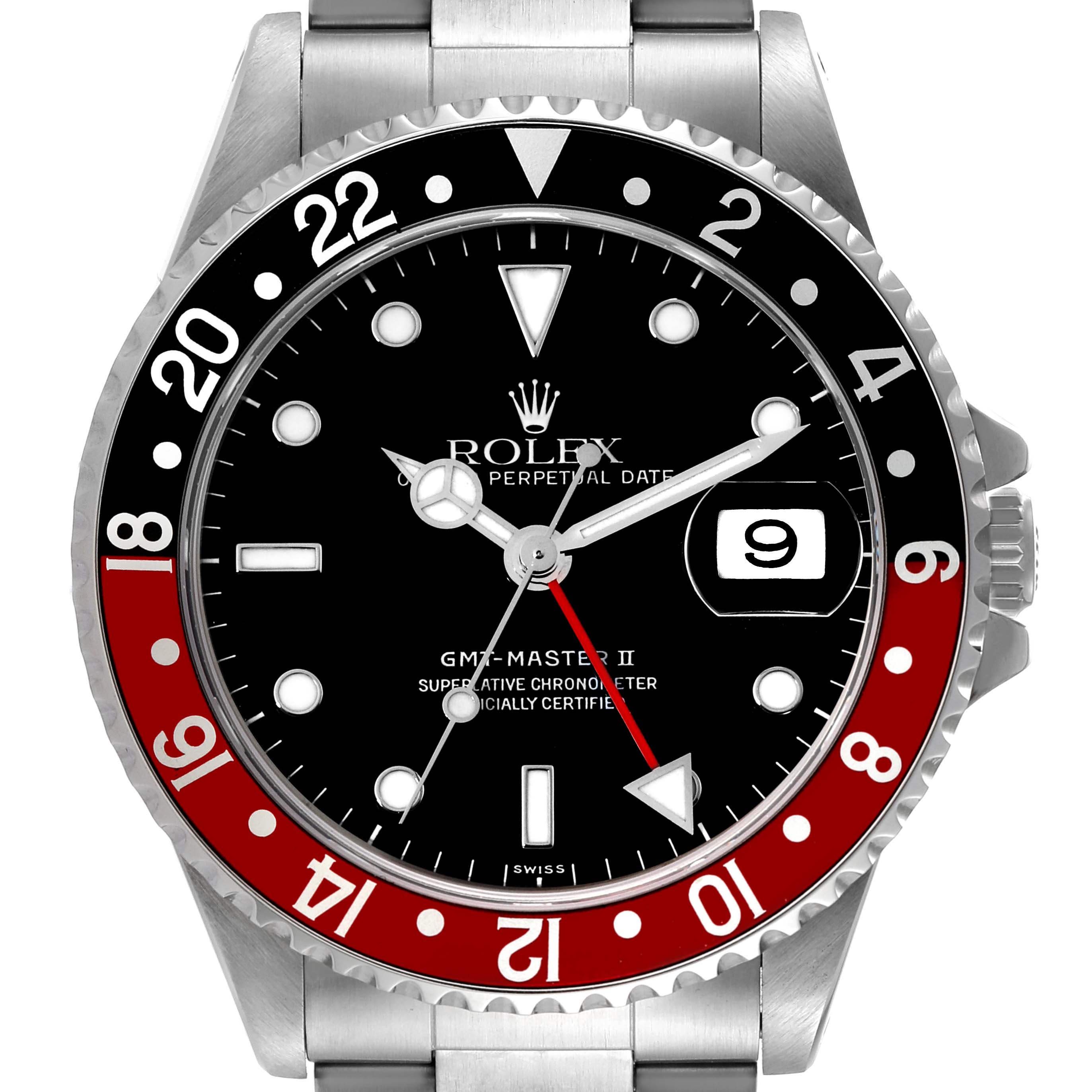 The image shows a front view of a Rolex GMT-Master 16710 Men
s Stainless Steel Black Dial 16710 Men
s Stainless Steel Black Dial II watch, featuring a black and red bezel, and a date window at 3 o
clock.