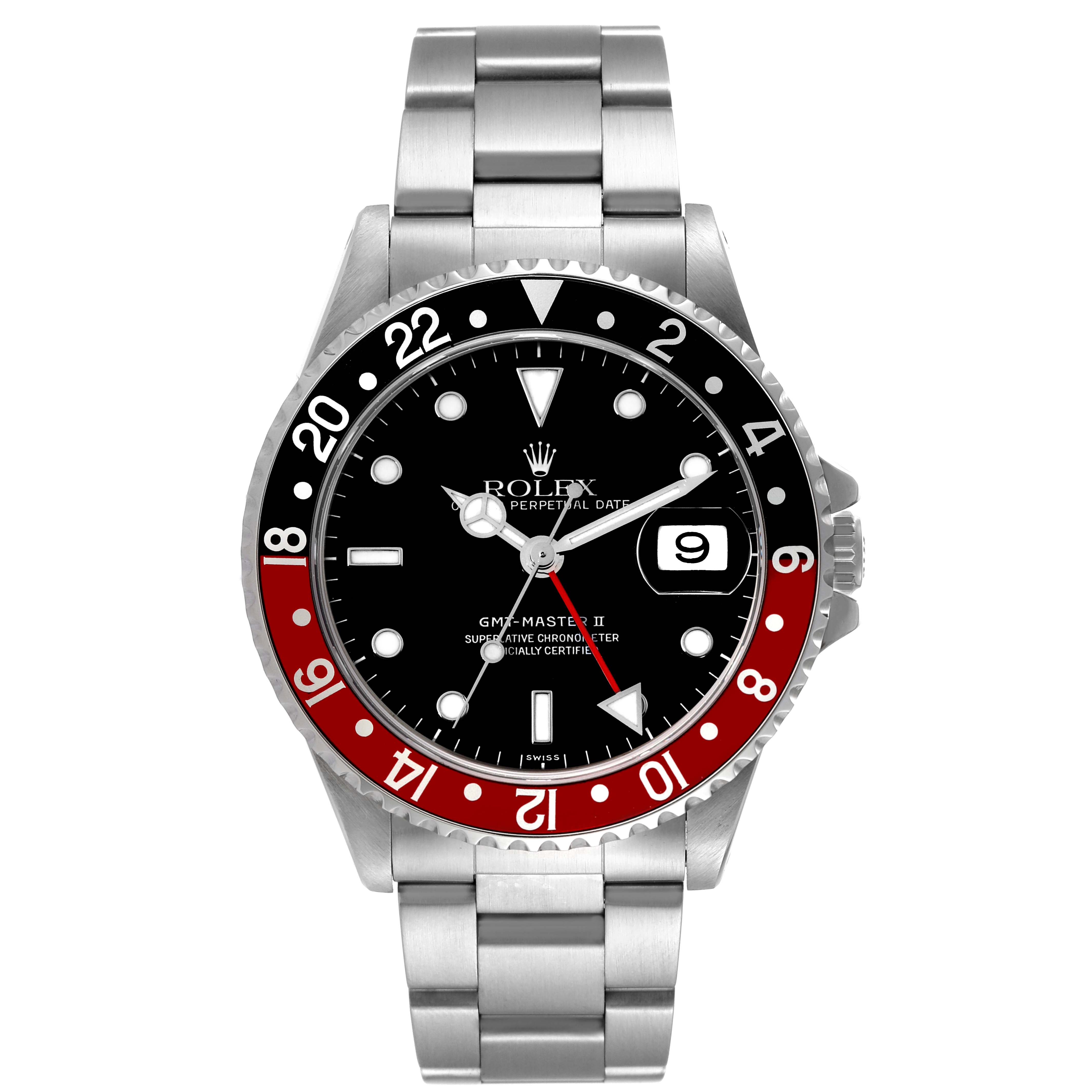 This image shows a Rolex GMT-Master 16710 Men
s Stainless Steel Black Dial 16710 Men
s Stainless Steel Black Dial II watch from a front angle, highlighting the dial, bezel, and bracelet.