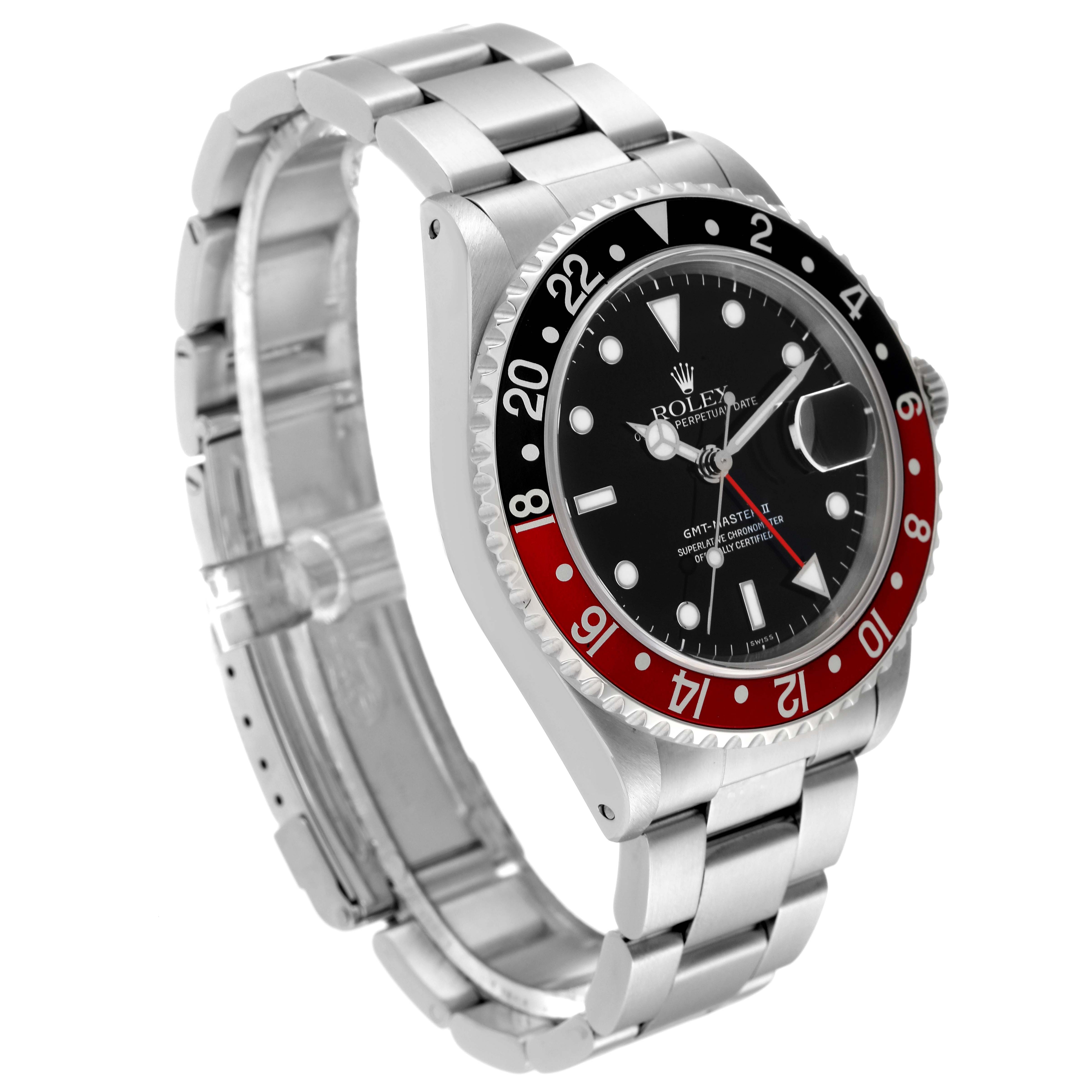 The Rolex GMT-Master 16710 Men
s Stainless Steel Black Dial 16710 Men
s Stainless Steel Black Dial watch is shown at an angle highlighting the dial, bezel, casing, and part of the bracelet.