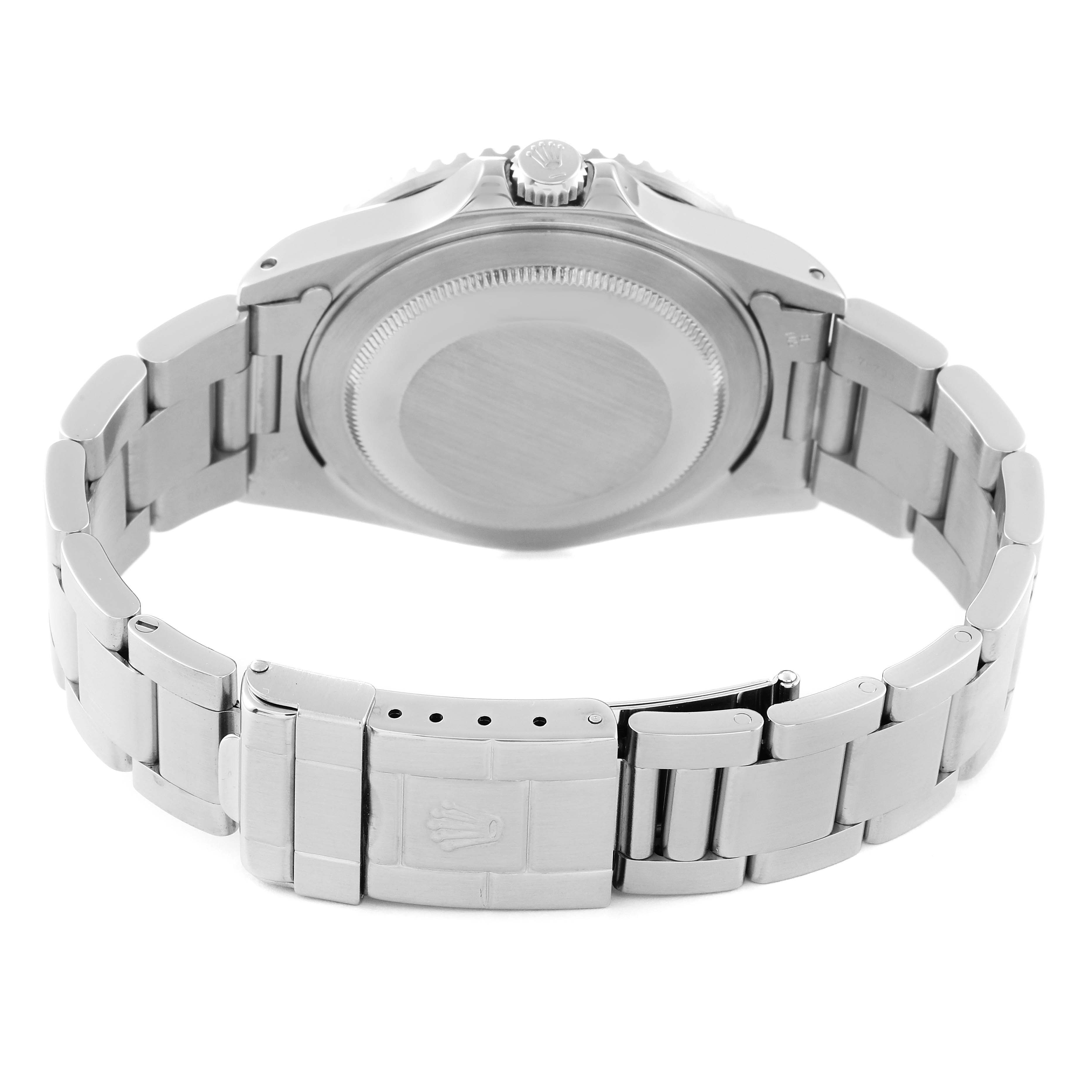 The image shows the back view of a Rolex GMT-Master 16710 Men
s Stainless Steel Black Dial 16710 Men
s Stainless Steel Black Dial watch, highlighting the bracelet, clasp, and case back.