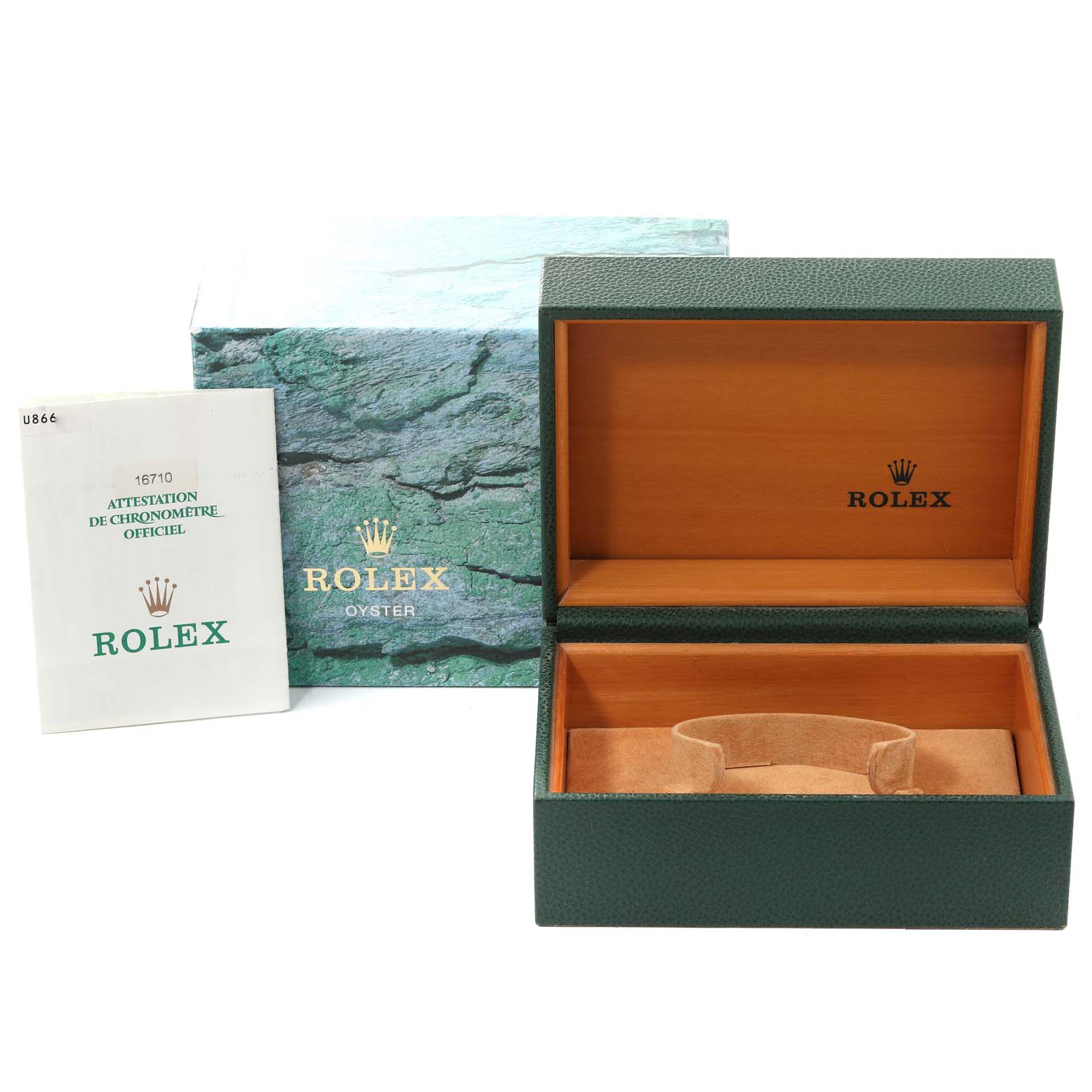 The image shows the open box, outer box, and official document of a Rolex GMT-Master 16710 Men
s Stainless Steel Black Dial 16710 Men
s Stainless Steel Black Dial watch.