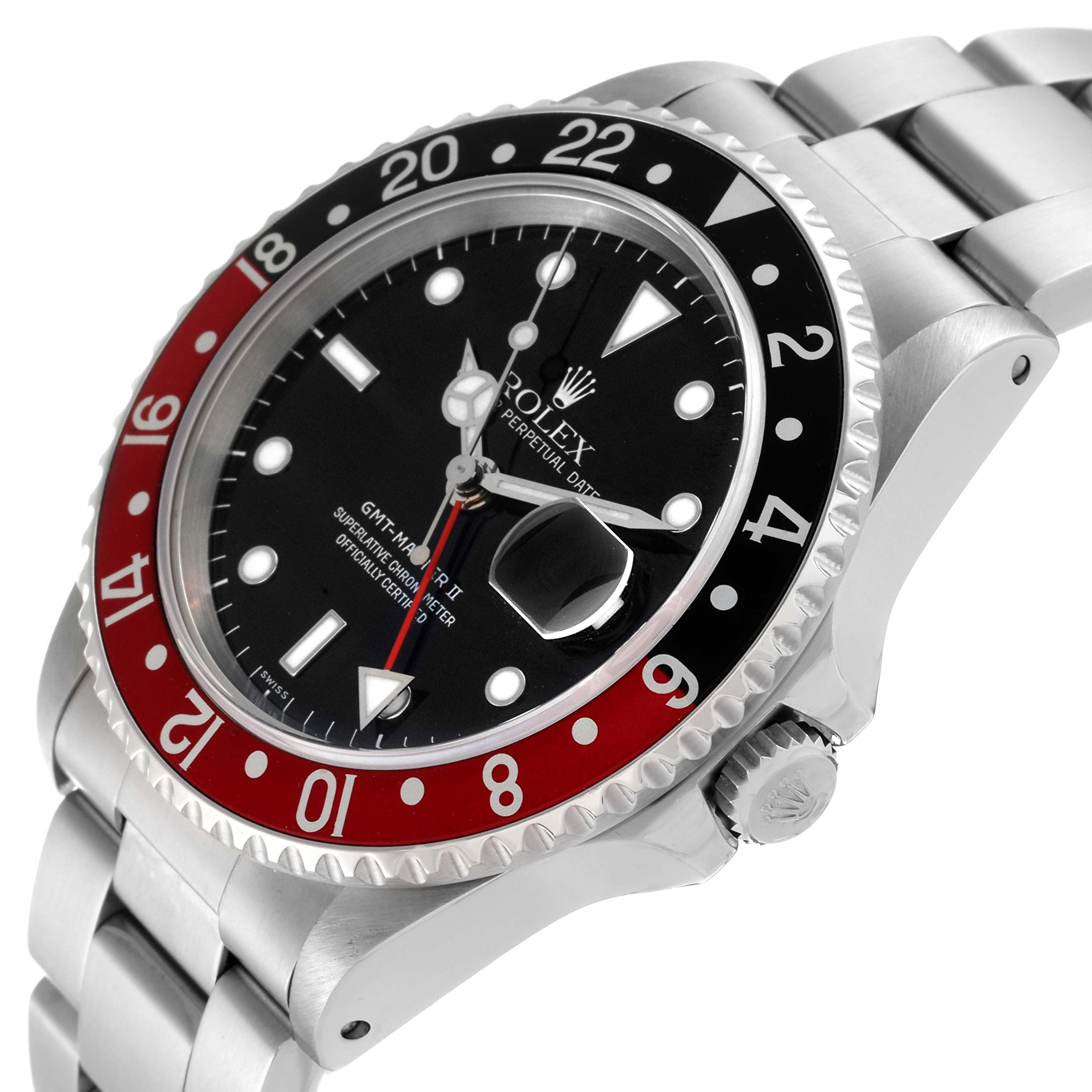 This image shows a Rolex GMT-Master 16710 Men
s Stainless Steel Black Dial 16710 Men
s Stainless Steel Black Dial II watch from an angled side view displaying the bezel, crown, bracelet, and dial.