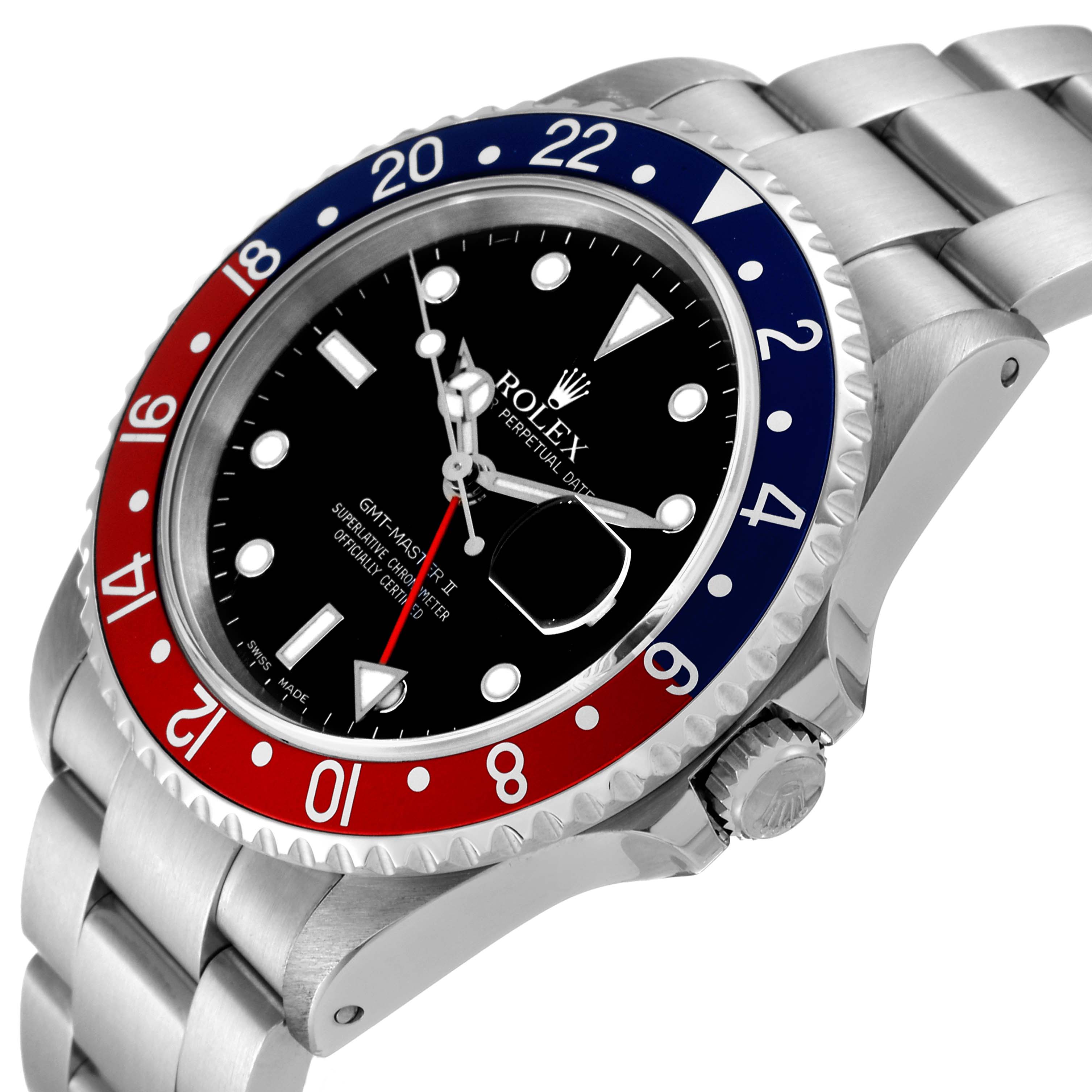 The Rolex GMT-Master 16710 Men's Stainless Steel Black Dial 16710 Men's Stainless Steel Black Dial watch is shown at an oblique angle, highlighting its bezel, dial, crown, and part of the bracelet.