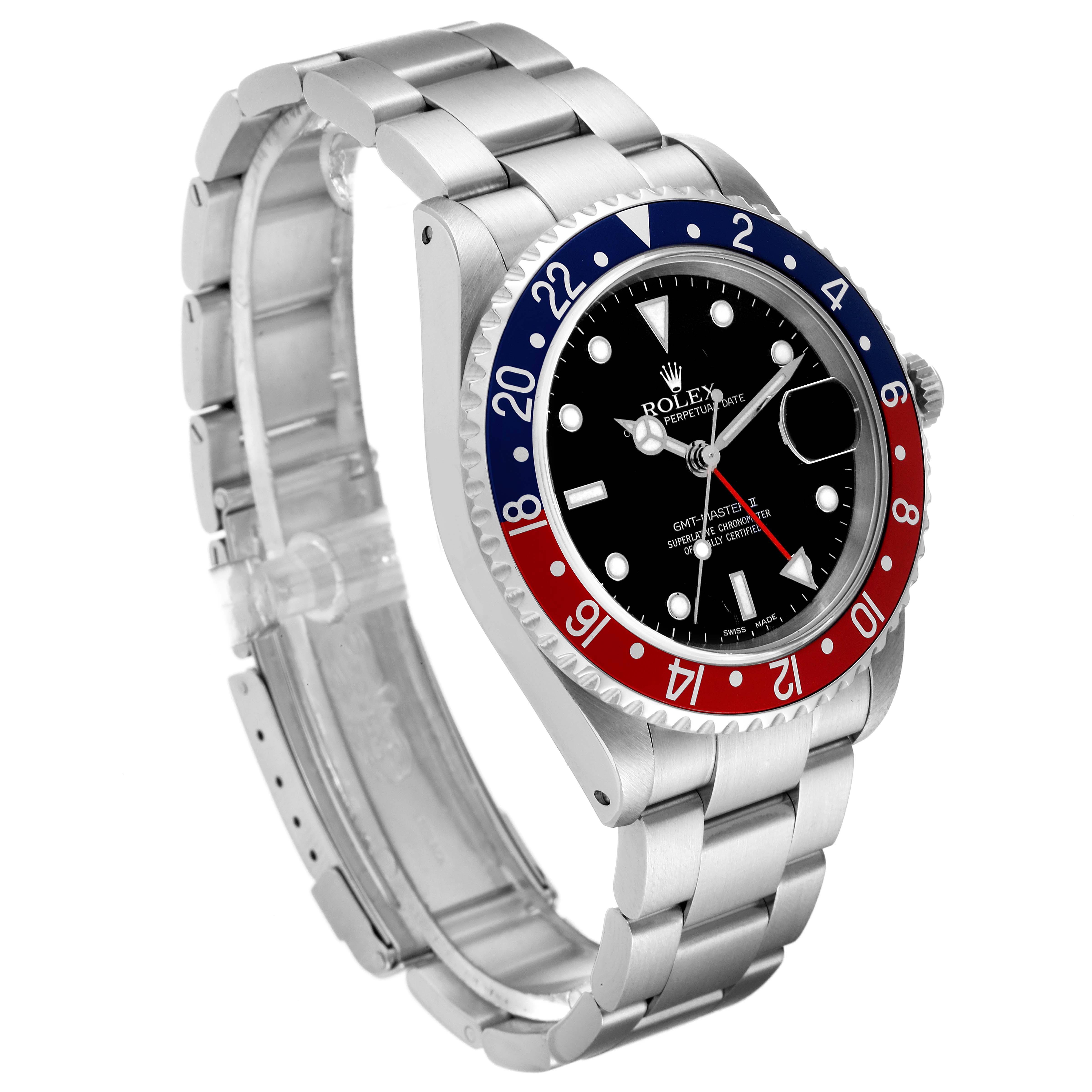 The image shows a side angle of a Rolex GMT-Master 16710 Men's Stainless Steel Black Dial 16710 Men's Stainless Steel Black Dial watch, highlighting the bezel, dial, and bracelet.