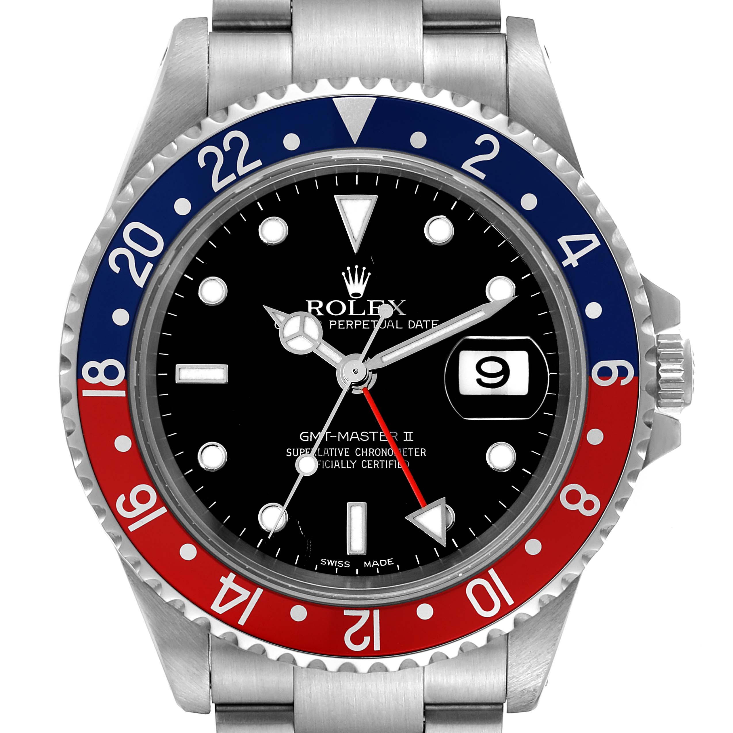 The image shows a front view of a Rolex GMT-Master 16710 Men's Stainless Steel Black Dial 16710 Men's Stainless Steel Black Dial II watch with a red and blue bezel and a black dial.