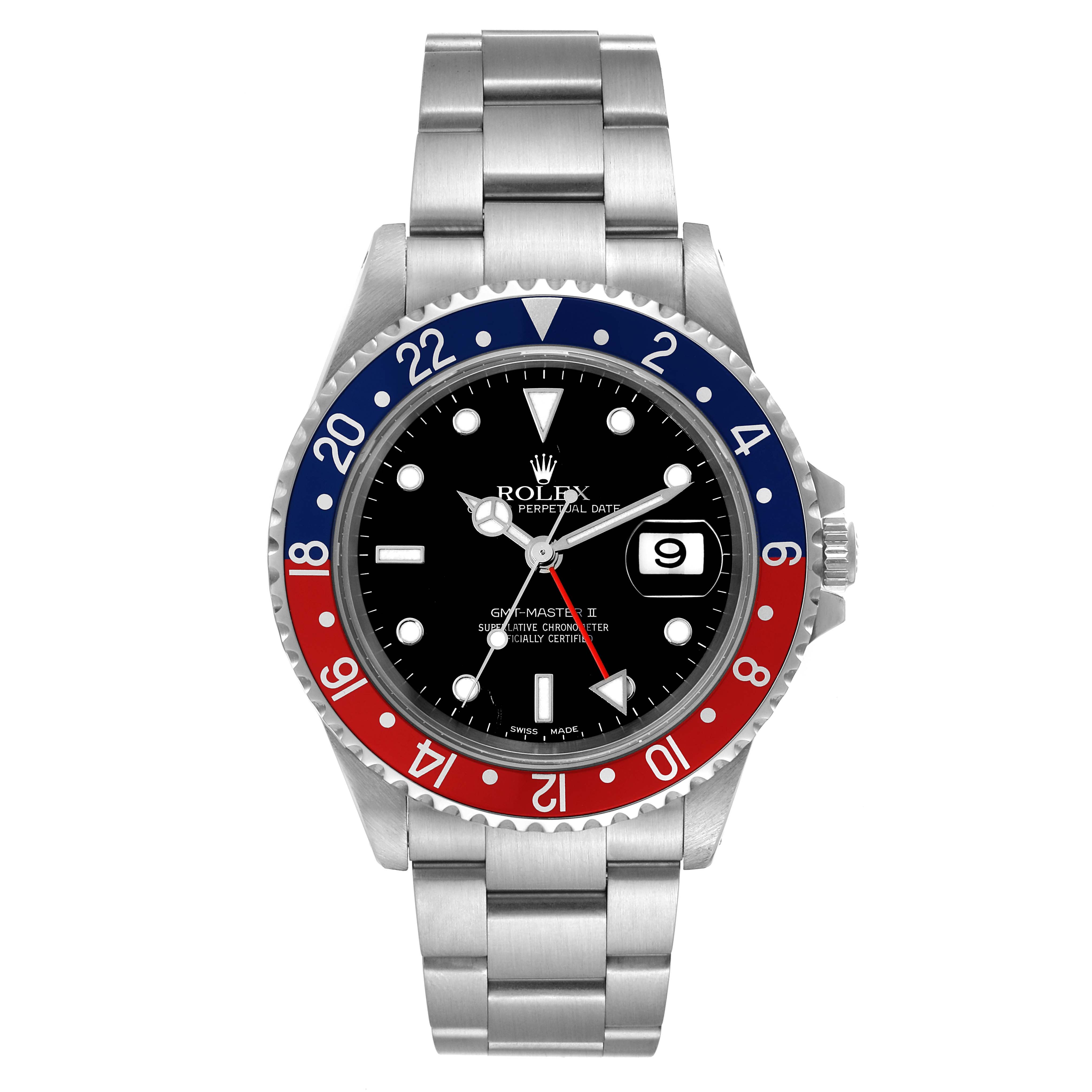 The image shows a front view of a Rolex GMT-Master 16710 Men's Stainless Steel Black Dial 16710 Men's Stainless Steel Black Dial II watch, displaying the dial, bezel, and bracelet.