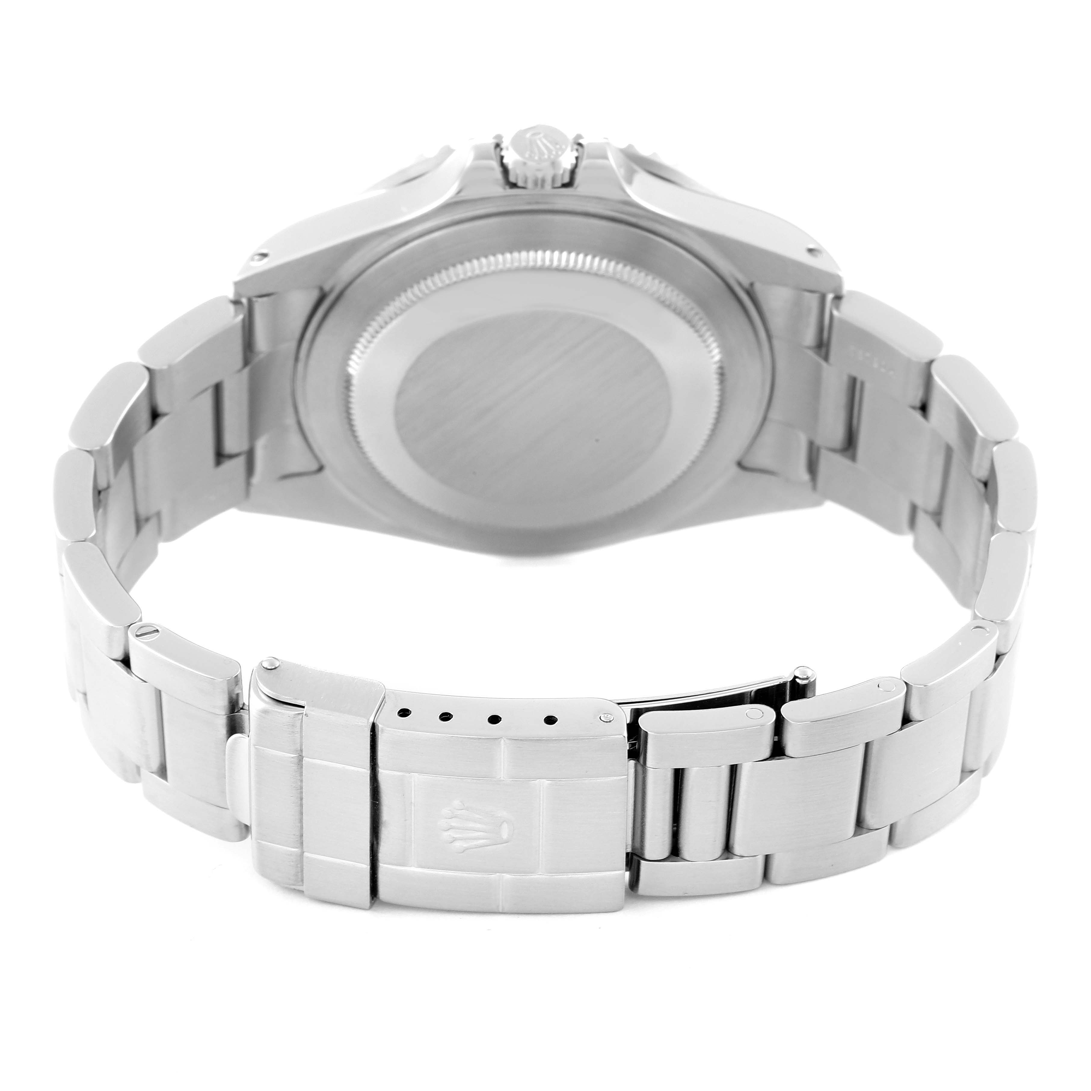 The image shows the back case and bracelet clasp of a Rolex GMT-Master 16710 Men
s Stainless Steel Black Dial 16710 Men
s Stainless Steel Black Dial watch.