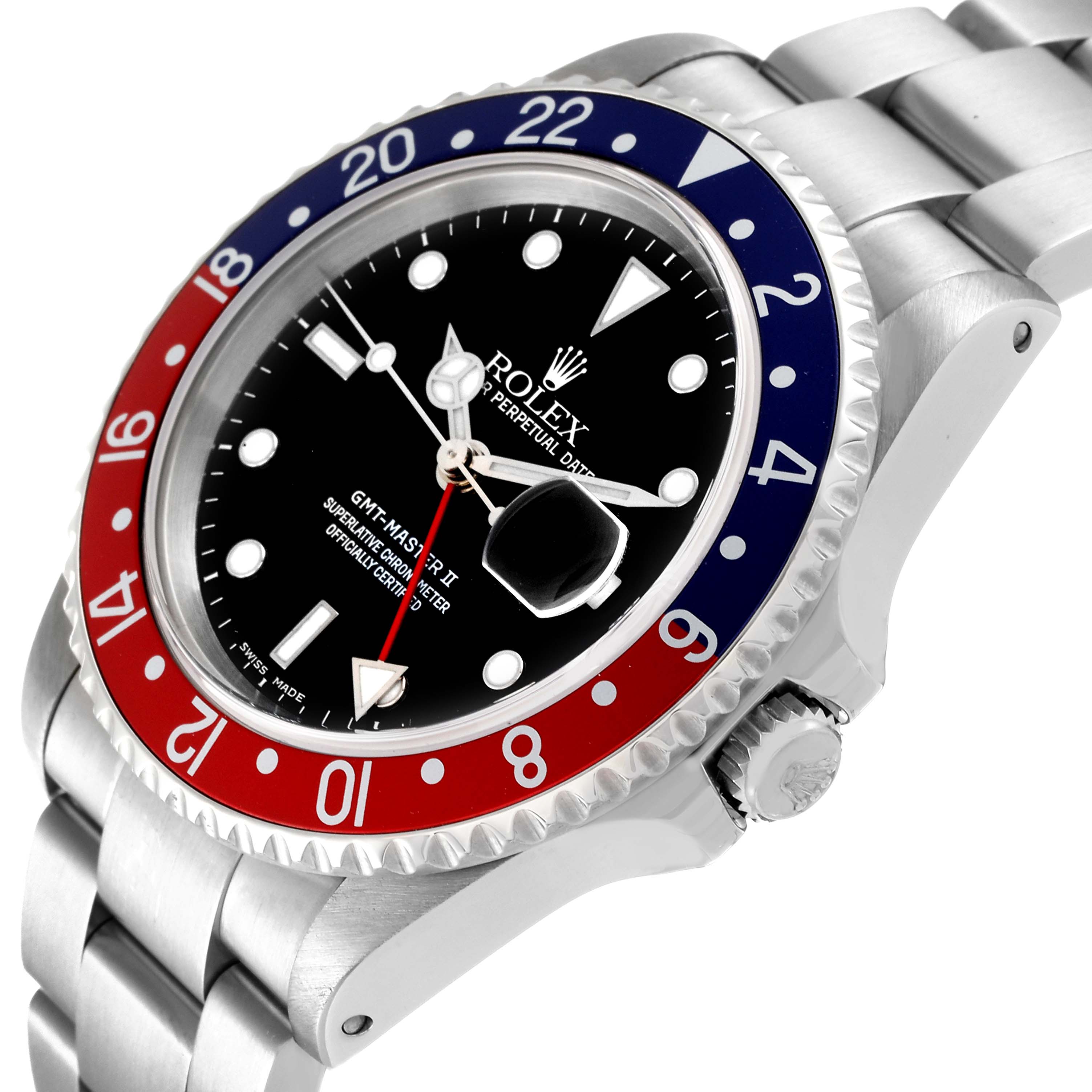 The image shows a close-up angle of the Rolex GMT-Master 16710 Men
s Stainless Steel Black Dial 16710 Men
s Stainless Steel Black Dial II watch, focusing on its face, bezel, and part of the bracelet.