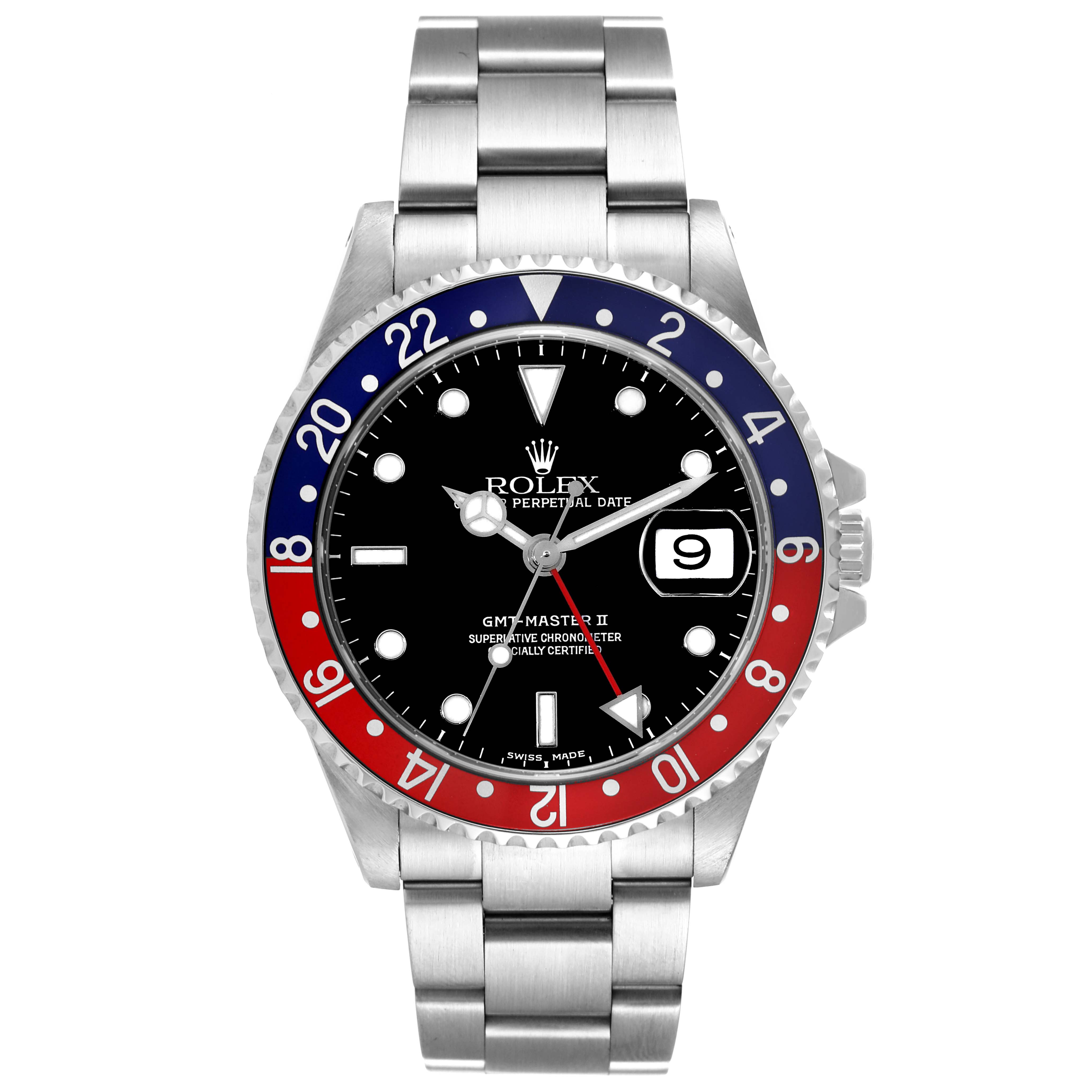 The image shows a front view of a Rolex GMT-Master 16710 Men
s Stainless Steel Black Dial 16710 Men
s Stainless Steel Black Dial II watch with a stainless steel bracelet and a red and blue bezel.