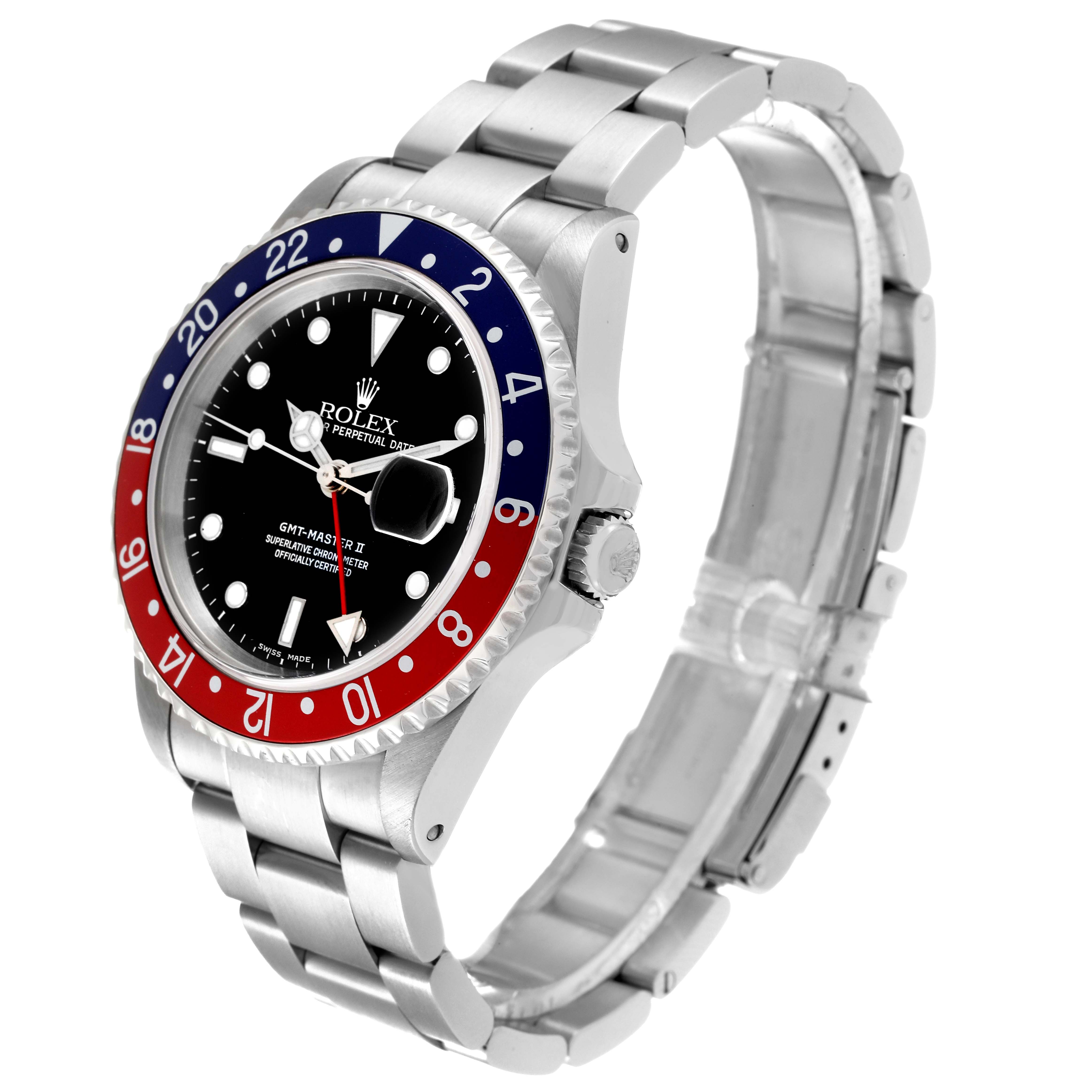 This Rolex GMT-Master 16710 Men
s Stainless Steel Black Dial 16710 Men
s Stainless Steel Black Dial II watch is shown at a slight angle, highlighting its band, bezel, and dial.