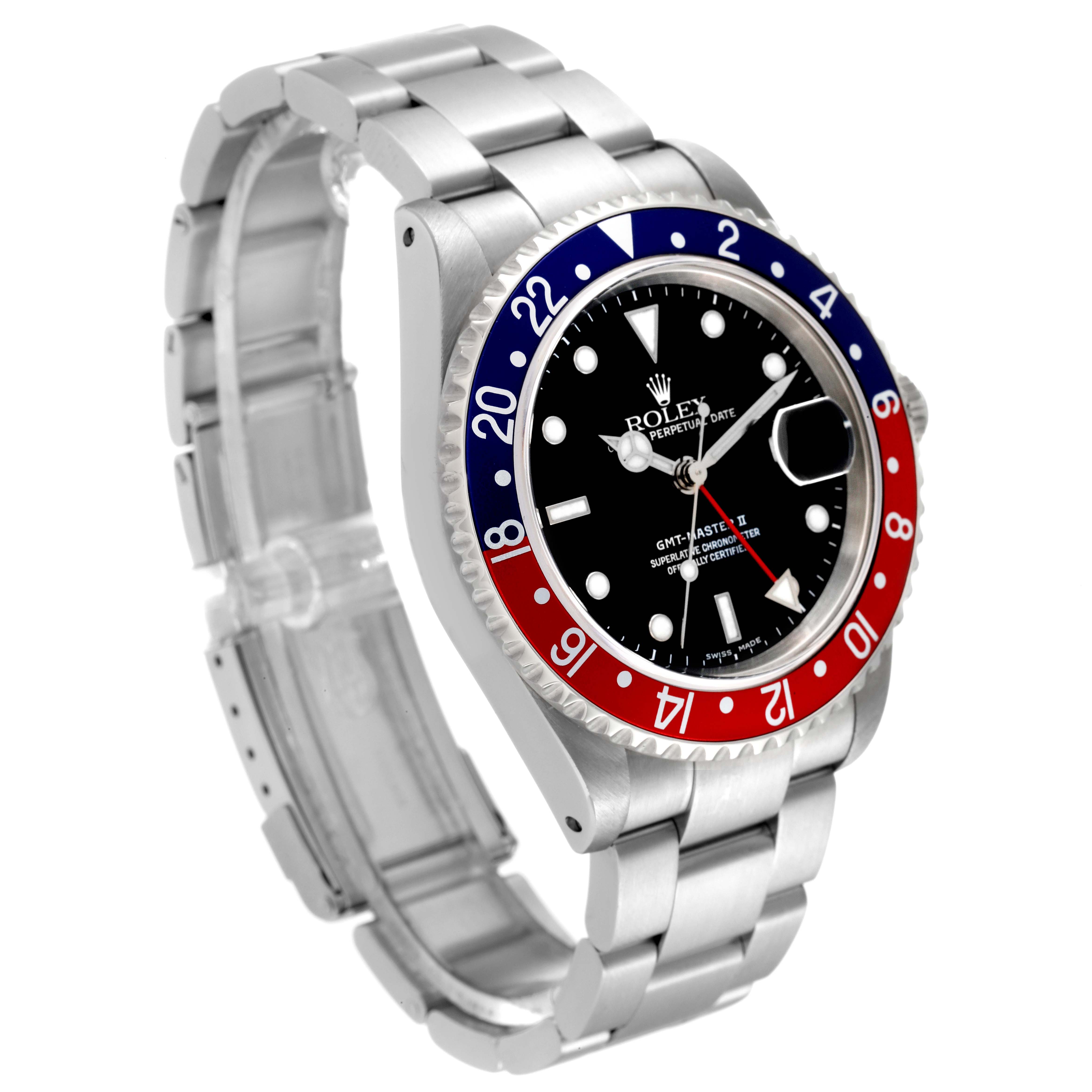 The image shows a Rolex GMT-Master 16710 Men
s Stainless Steel Black Dial 16710 Men
s Stainless Steel Black Dial watch at a three-quarter angle, highlighting the bezel, face, and bracelet.