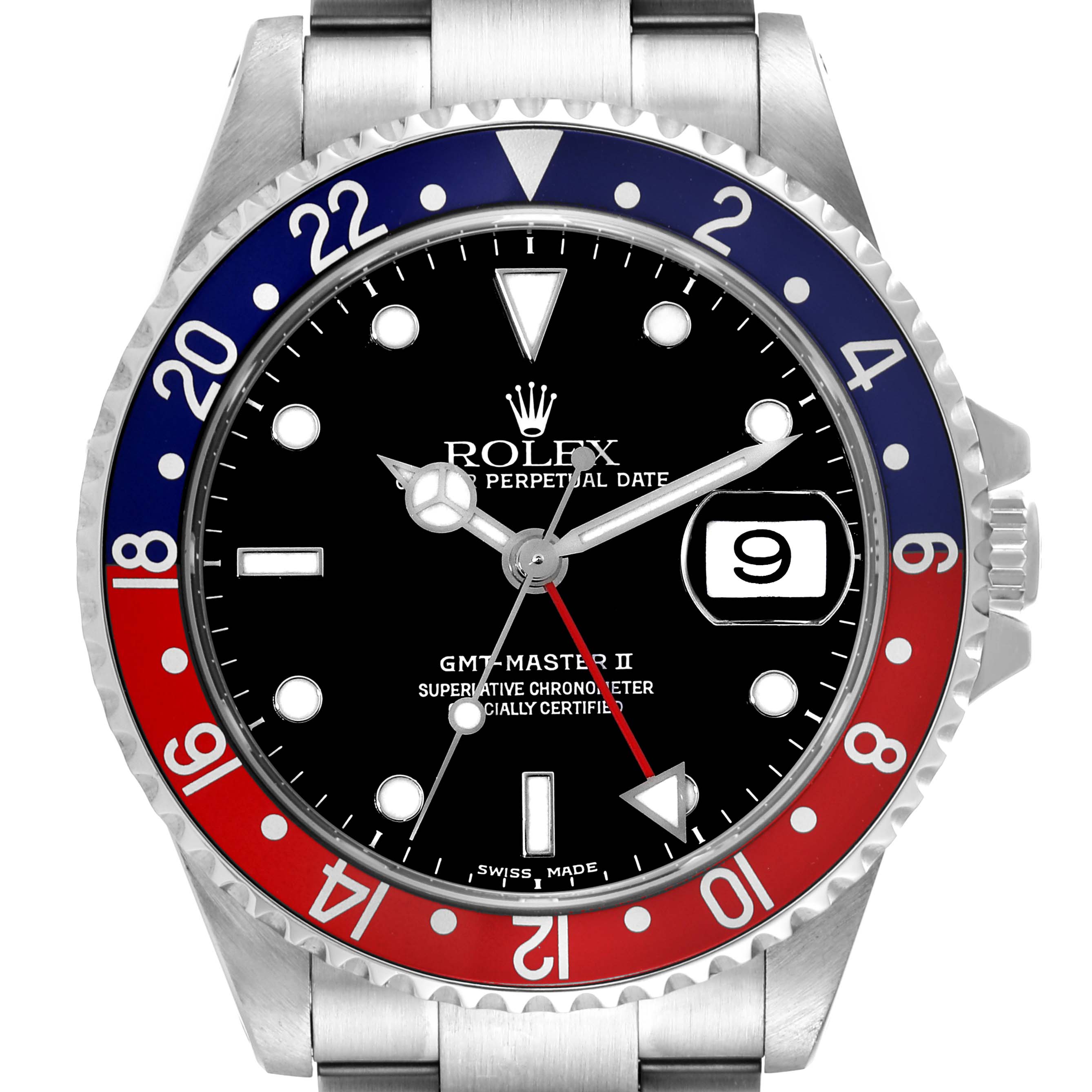The image shows a front view of the Rolex GMT-Master 16710 Men
s Stainless Steel Black Dial 16710 Men
s Stainless Steel Black Dial II watch, highlighting the dial, red and blue bezel, and part of the stainless steel bracelet.