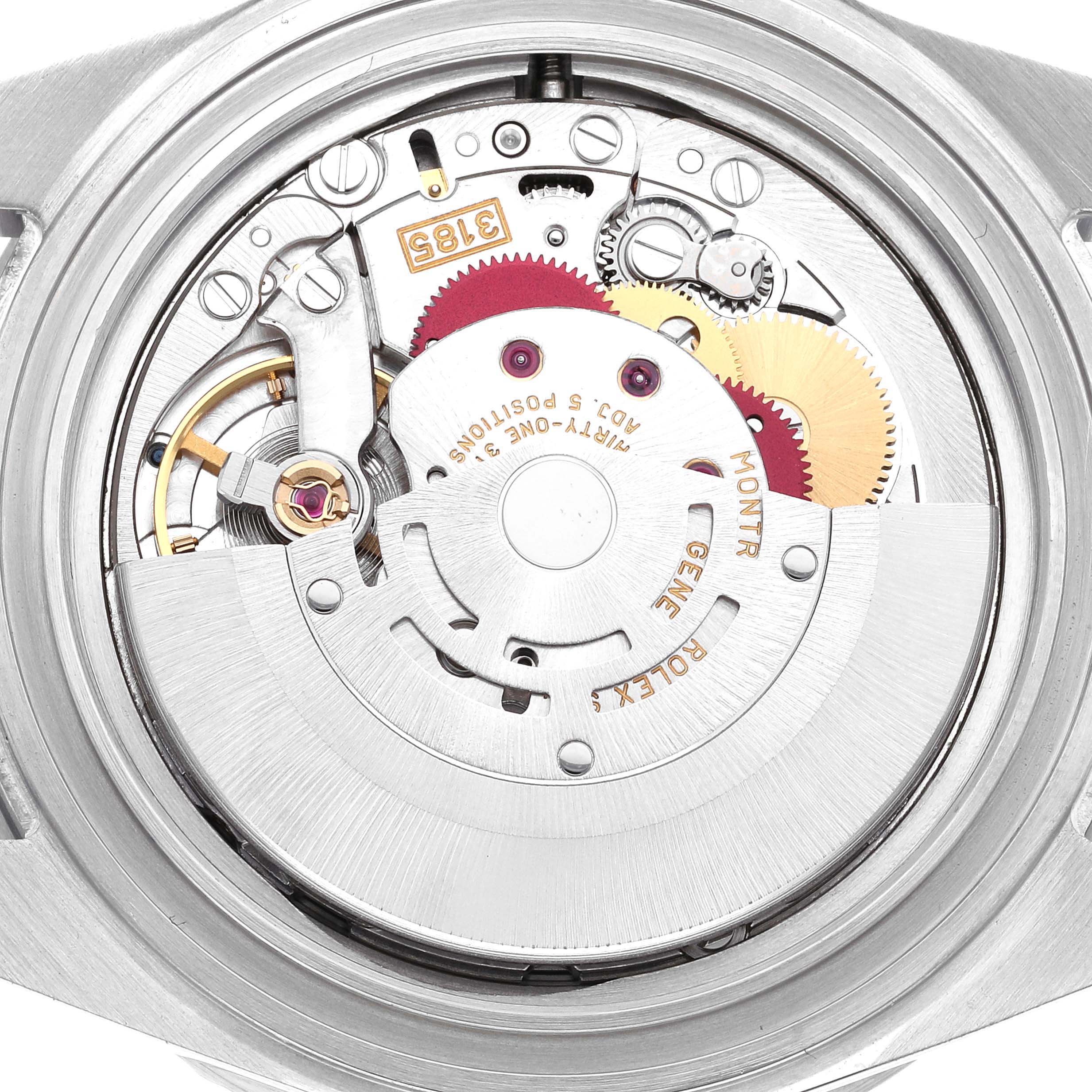 The image shows the internal movement components of a Rolex GMT-Master 16710 Men
s Stainless Steel Black Dial 16710 Men
s Stainless Steel Black Dial watch, viewed from the back with the case opened.