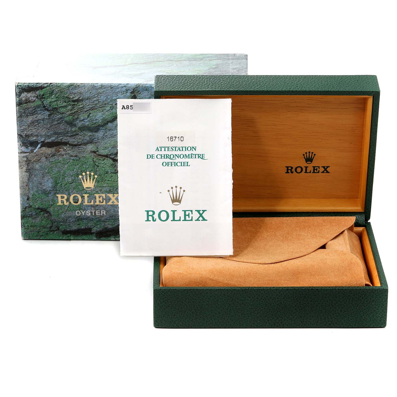 The image shows a Rolex GMT-Master 16710 Men
s Stainless Steel Black Dial 16710 Men
s Stainless Steel Black Dial watch box with a certificate and protective cloth at an angle showcasing the interior and exterior.