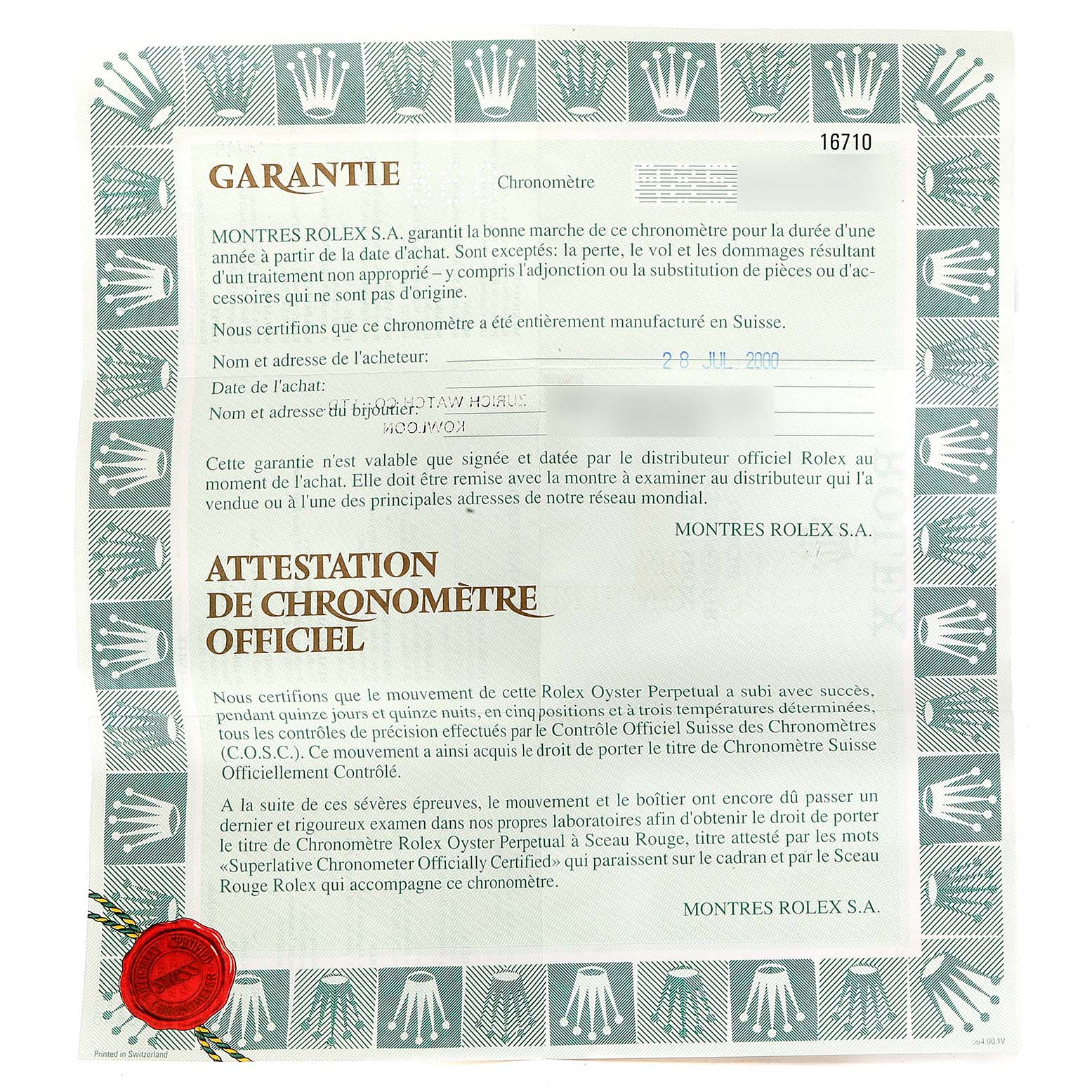 This image shows an official warranty and chronometer certification for the Rolex GMT-Master 16710 Men
s Stainless Steel Black Dial 16710 Men
s Stainless Steel Black Dial model watch.