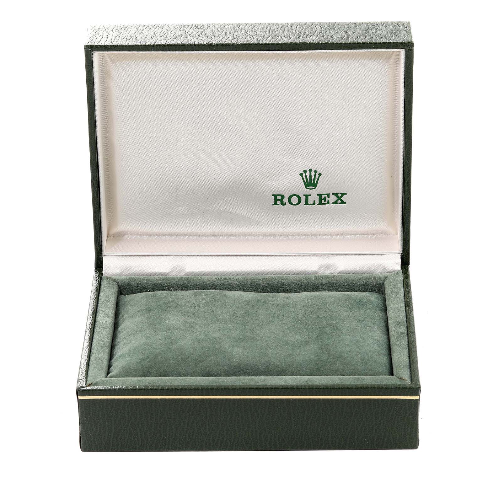 The image shows an open green Rolex watch box, intended for a mid-size model, displaying its interior.