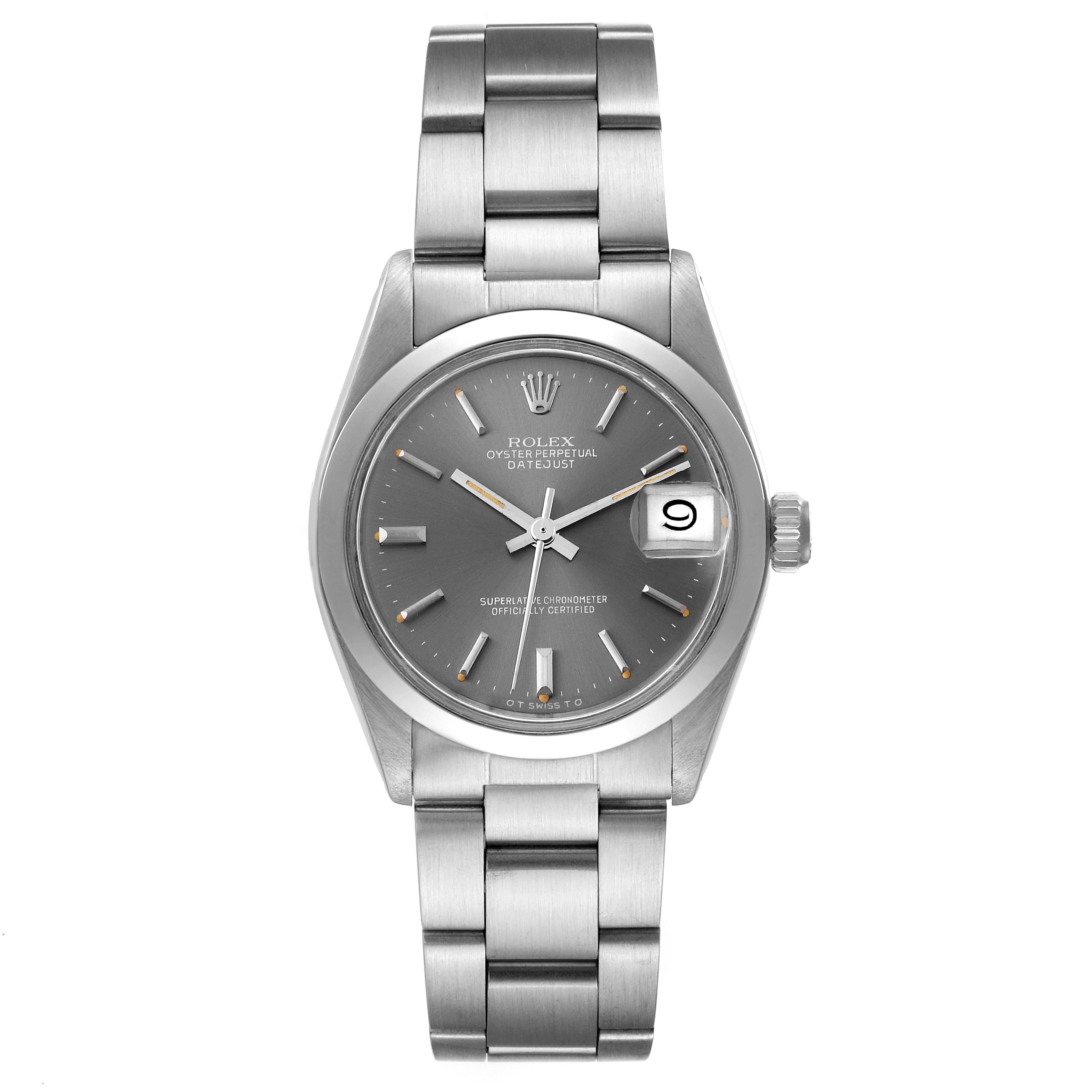 This is a front view of the Rolex Mid-Size 6824 Women's Stainless Steel Grey Dial 6824 Women's Stainless Steel Grey Dial Oyster Perpetual Datejust, showing the dial, bracelet, and date window.