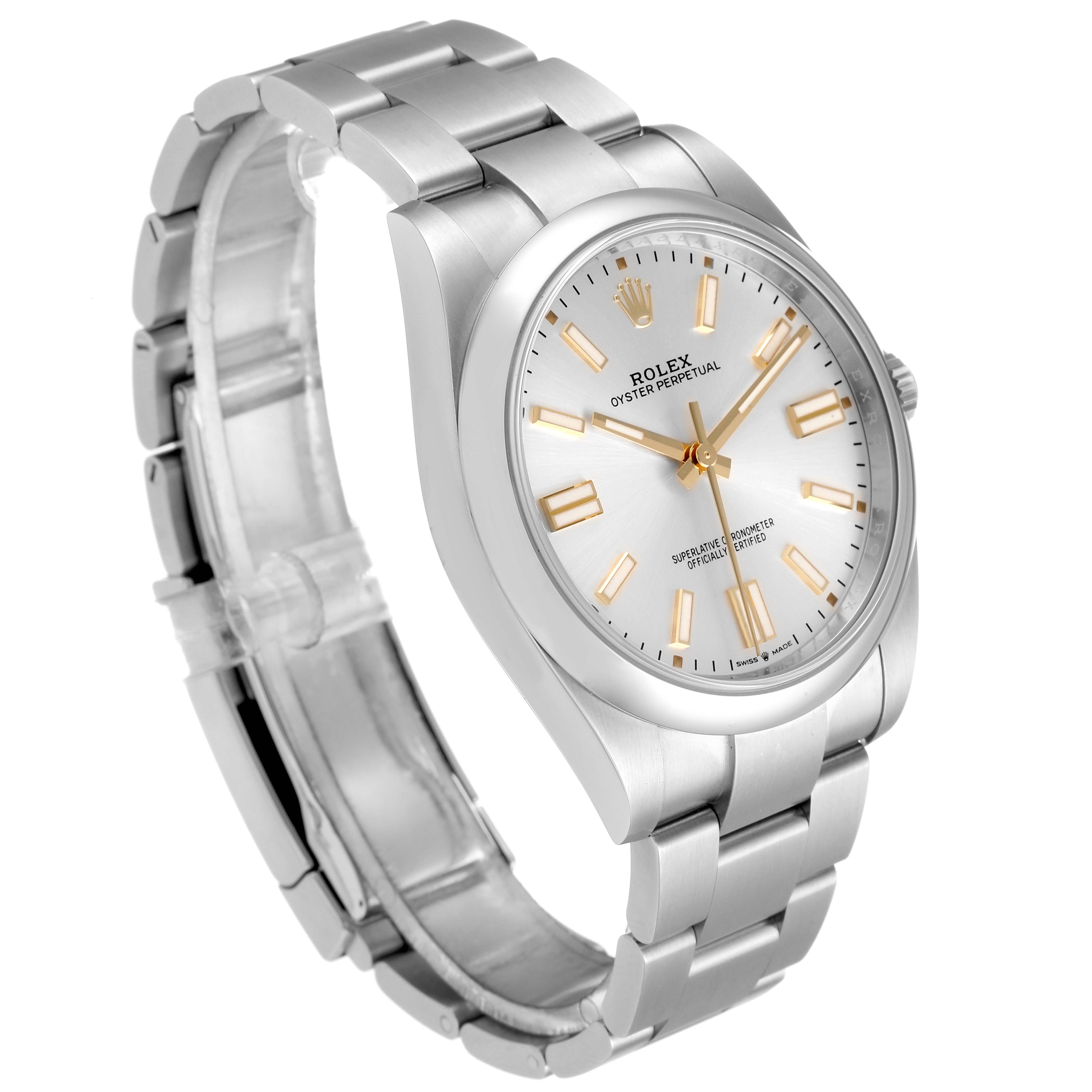 The image shows a Rolex Oyster Perpetual 124300 Men's Stainless Steel Silver Dial 124300 Men's Stainless Steel Silver Dial watch from a three-quarter angle, highlighting its face, bezel, bracelet, and lugs.