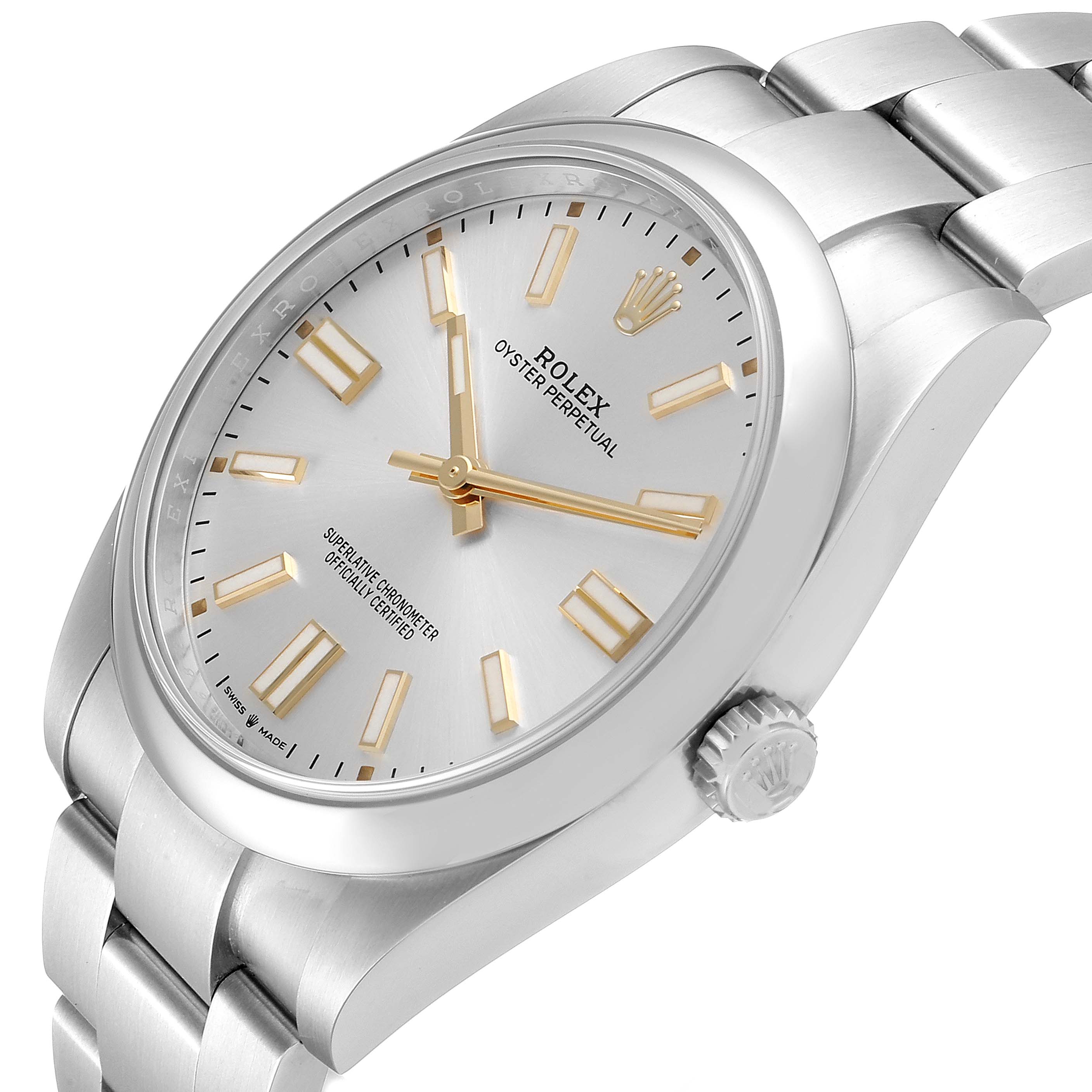 This image shows a slightly angled view of the Rolex Oyster Perpetual 124300 Men's Stainless Steel Silver Dial 124300 Men's Stainless Steel Silver Dial watch, featuring its dial, bezel, crown, and bracelet.