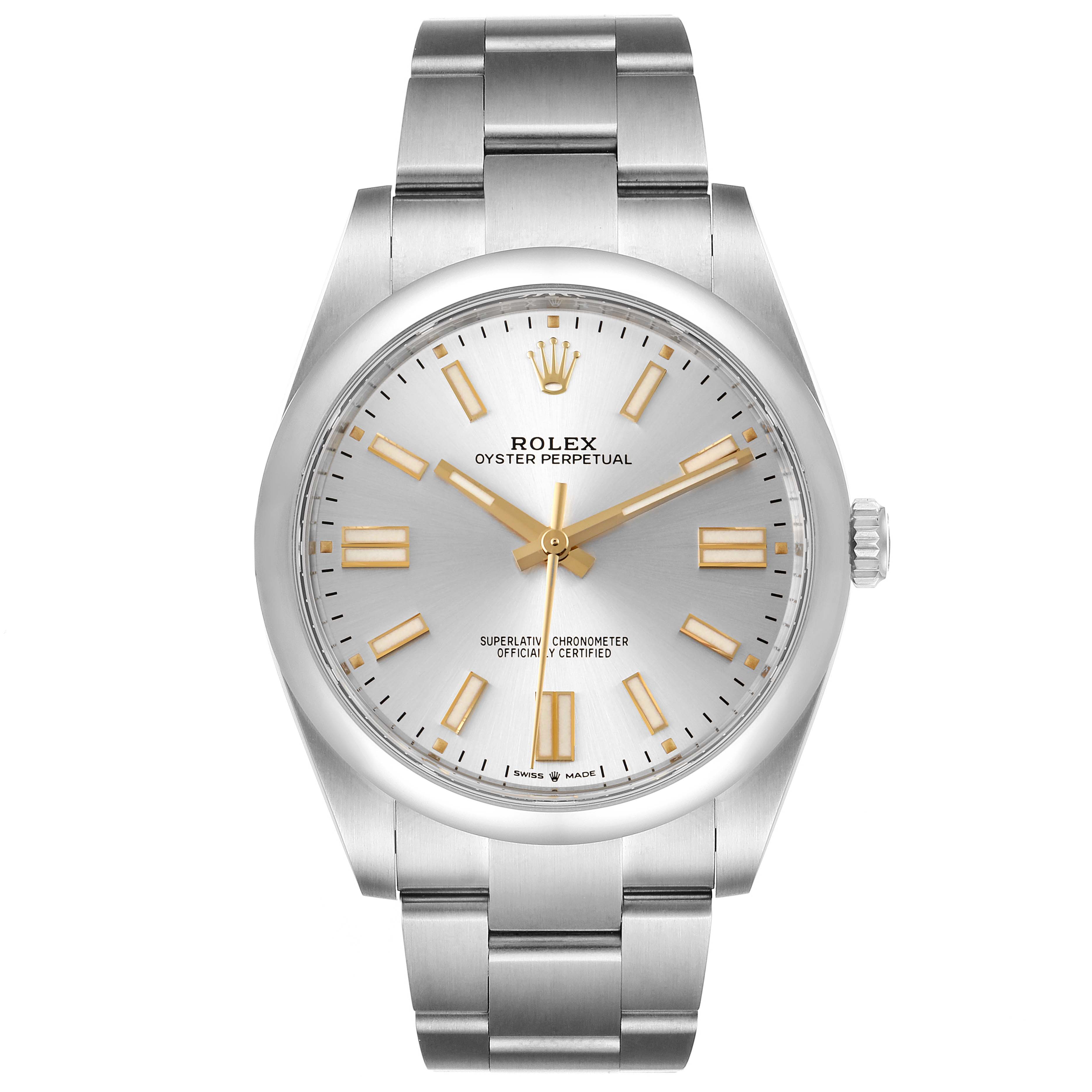 The image shows a front view of a Rolex Oyster Perpetual 124300 Men's Stainless Steel Silver Dial 124300 Men's Stainless Steel Silver Dial watch, displaying its face, crown, and bracelet.