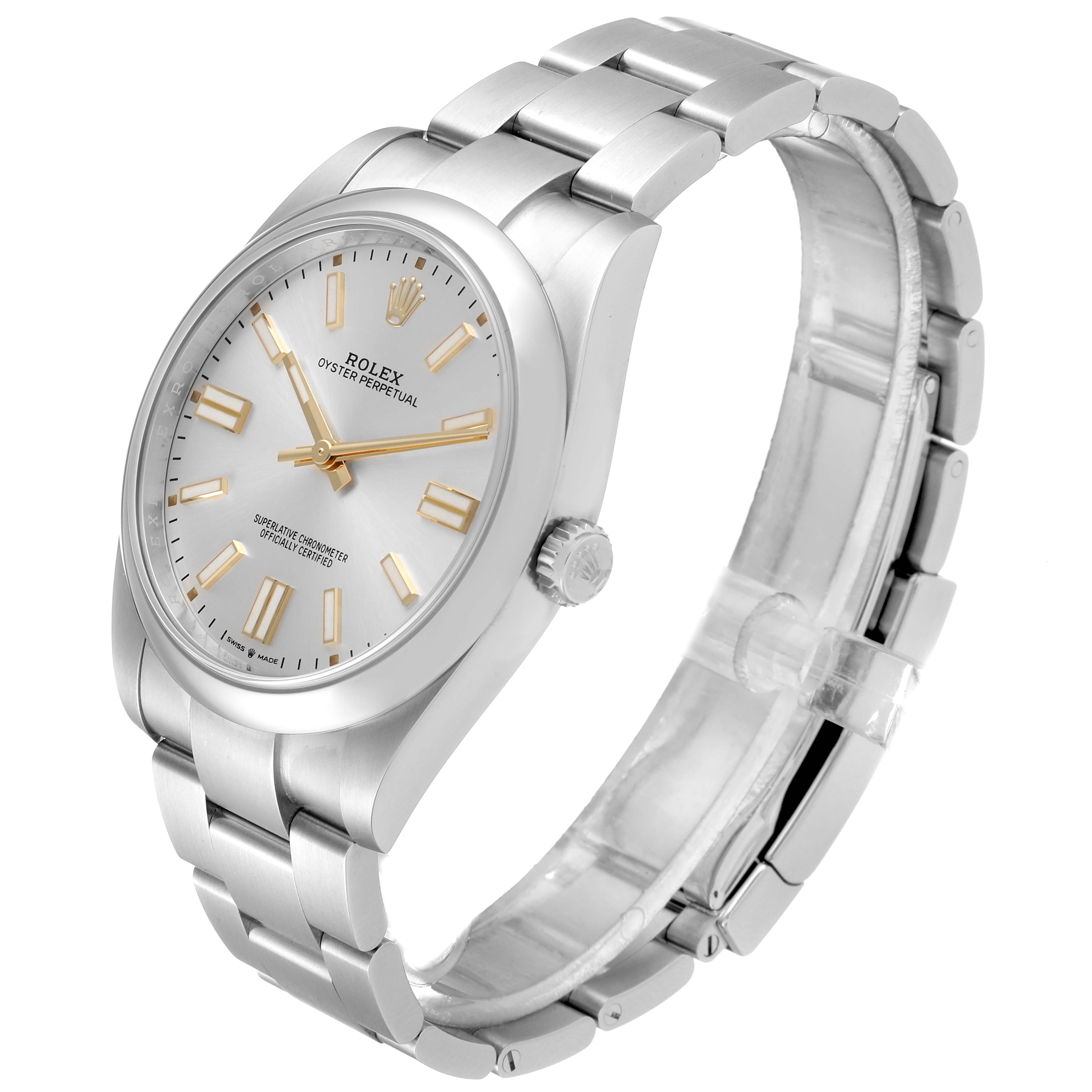 The Rolex Oyster Perpetual 124300 Men's Stainless Steel Silver Dial 124300 Men's Stainless Steel Silver Dial watch is shown at a slight angle, highlighting the dial, crown, and stainless steel bracelet.