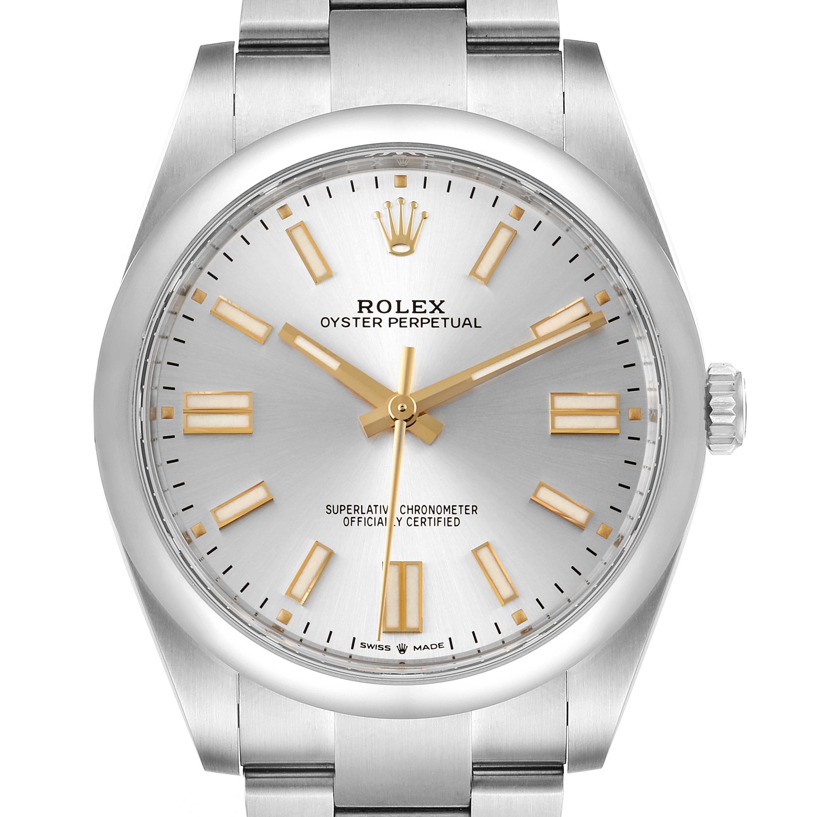 This image shows a front angle of the Rolex Oyster Perpetual 124300 Men's Stainless Steel Silver Dial 124300 Men's Stainless Steel Silver Dial watch, featuring the dial, hands, crown, and part of the bracelet.