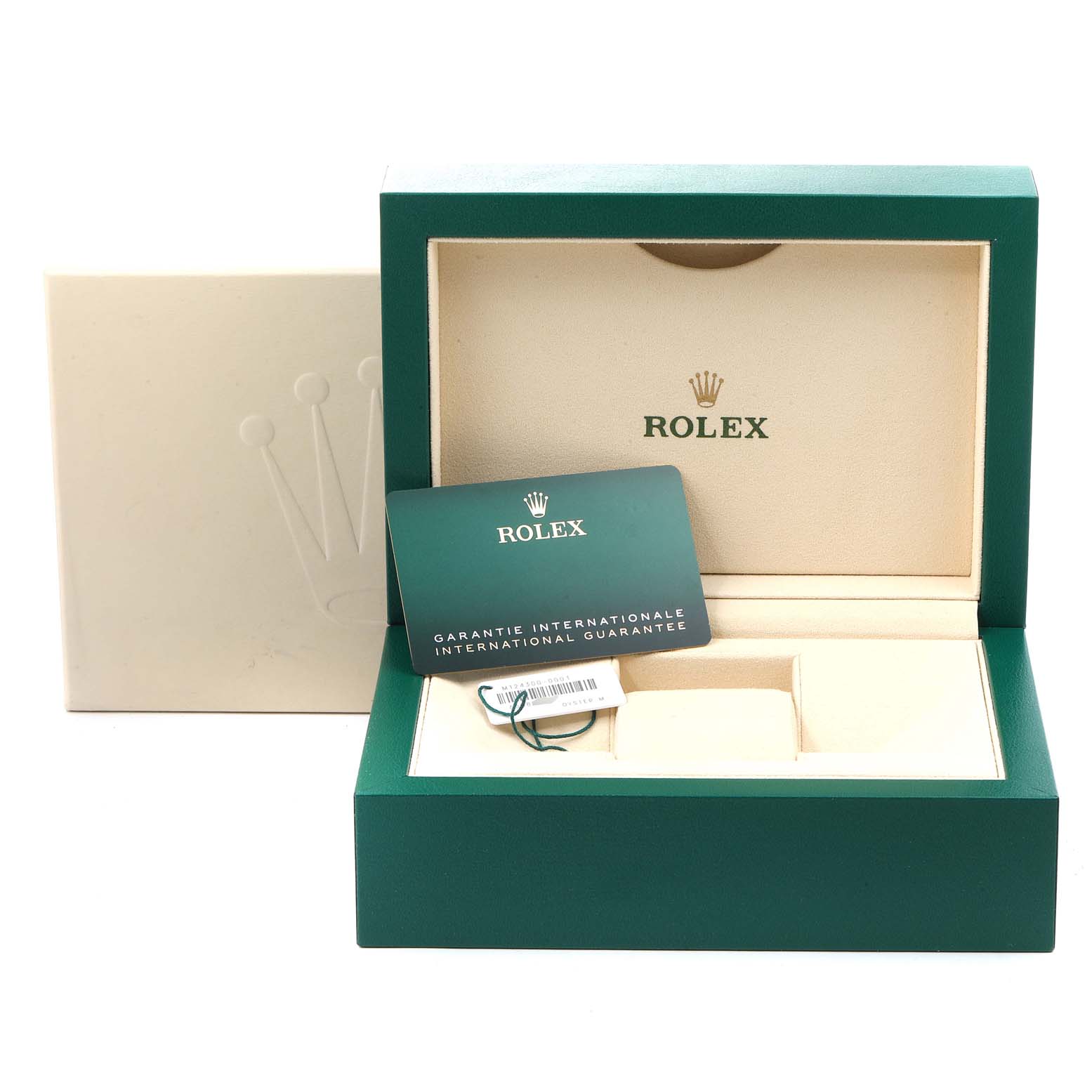 The image shows the open box and guarantee card for a Rolex Oyster Perpetual 124300 Men's Stainless Steel Silver Dial 124300 Men's Stainless Steel Silver Dial watch.
