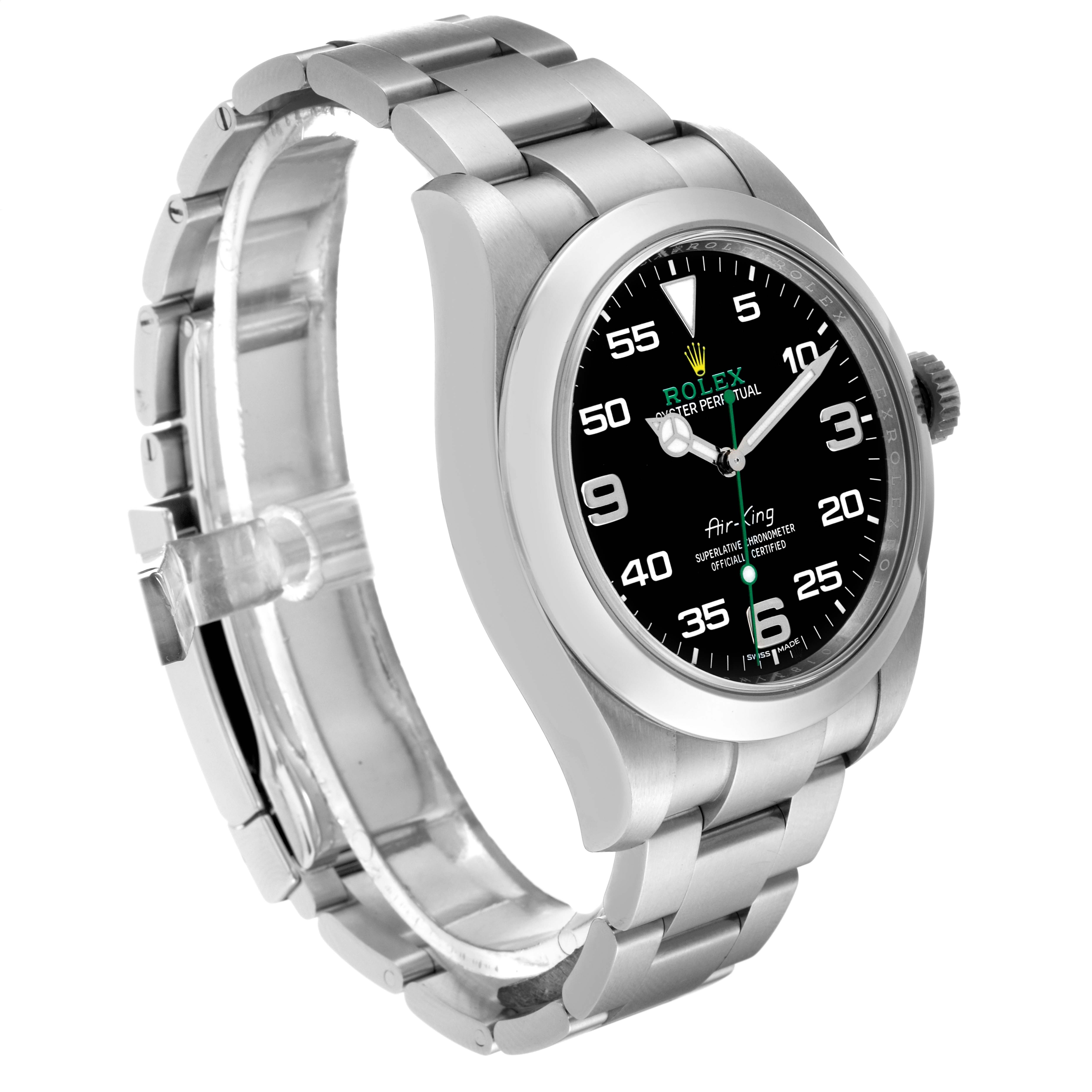 The Rolex Air-King 116900 Men's Stainless Steel Black Dial 116900 Men's Stainless Steel Black Dial watch is shown at a three-quarter angle, displaying the face, bezel, crown, and bracelet.