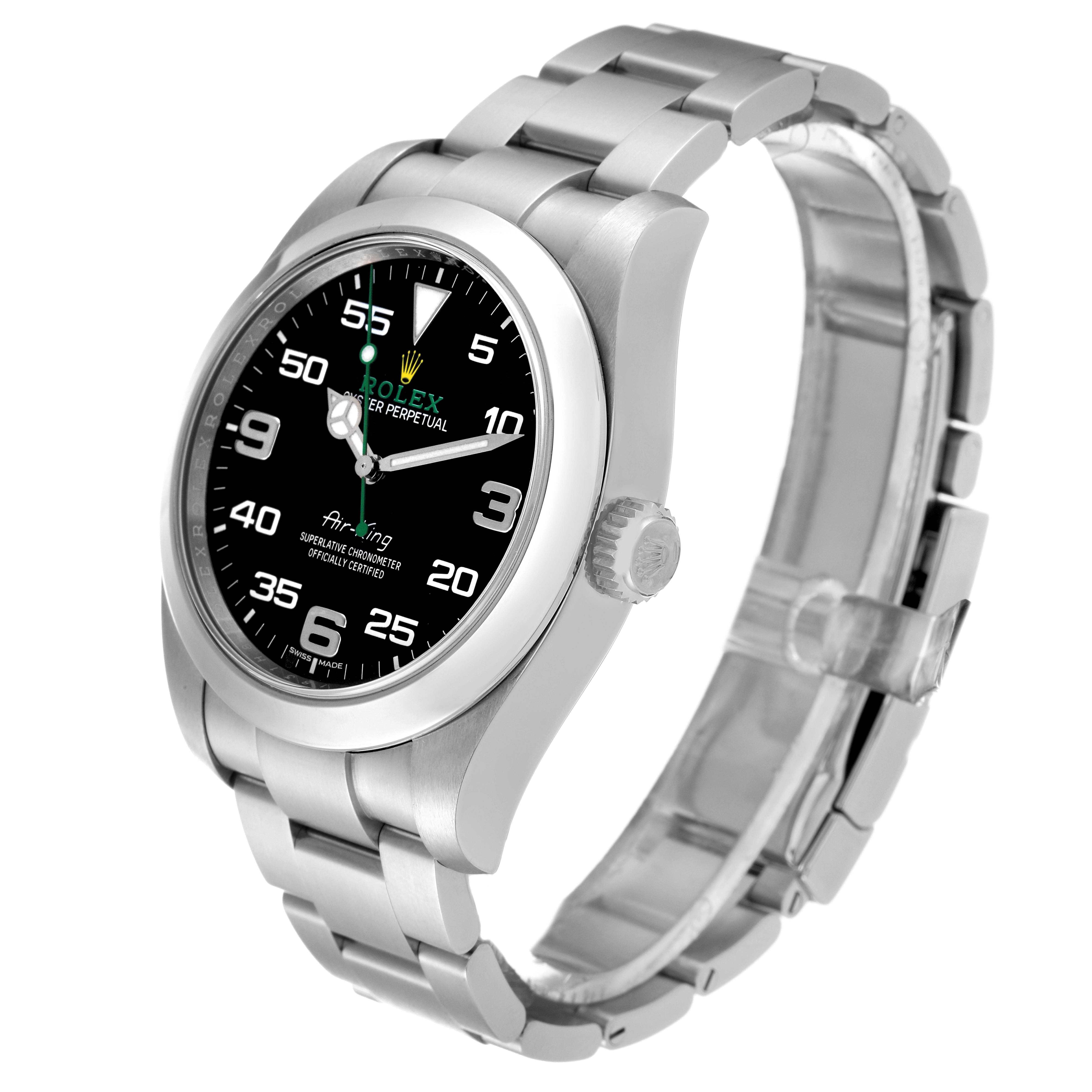 This image shows a Rolex Air-King 116900 Men's Stainless Steel Black Dial 116900 Men's Stainless Steel Black Dial watch angled to display its face, crown, and stainless steel bracelet.