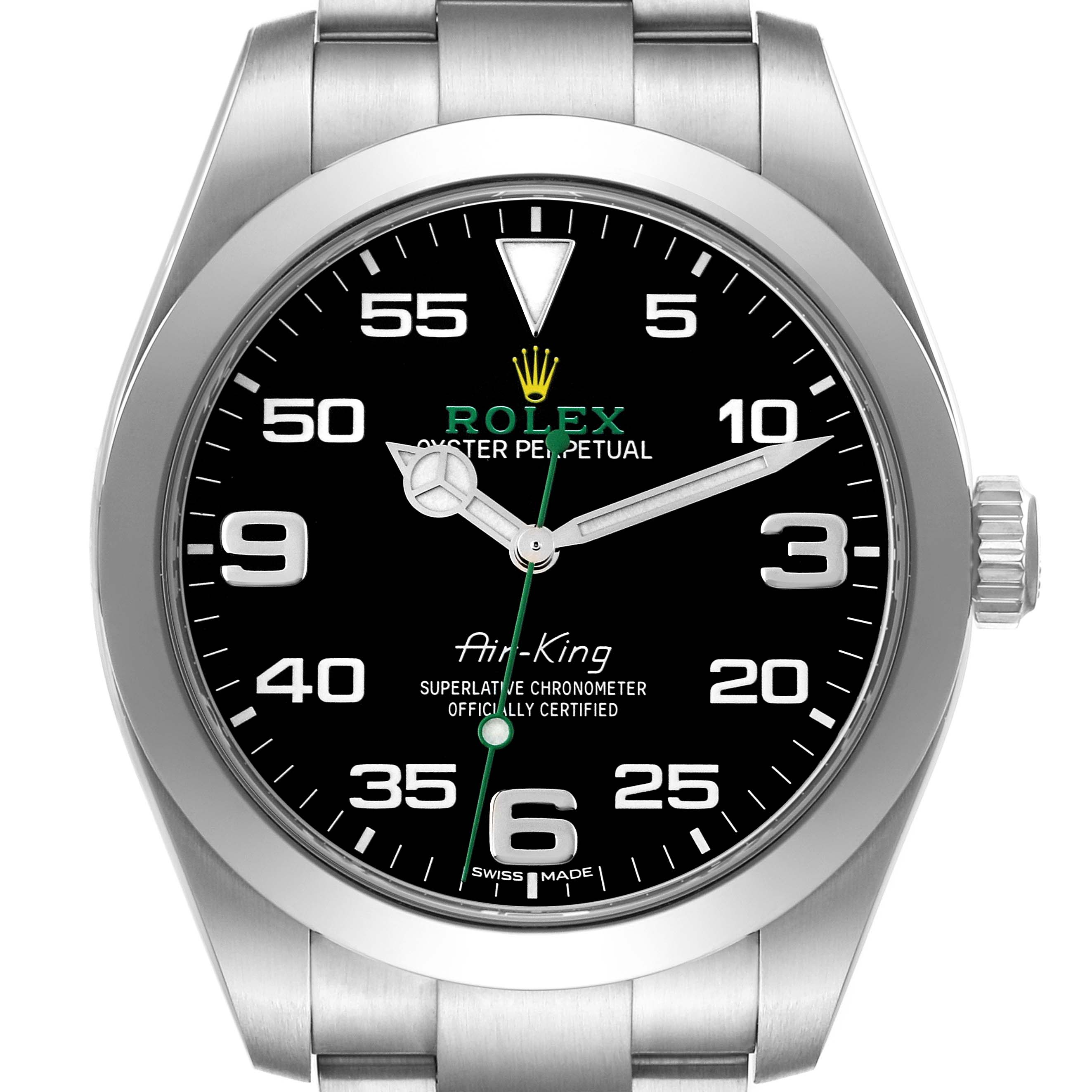 This image shows a front view of a Rolex Air-King 116900 Men's Stainless Steel Black Dial 116900 Men's Stainless Steel Black Dial watch, displaying the dial, bezel, bracelet, and crown.