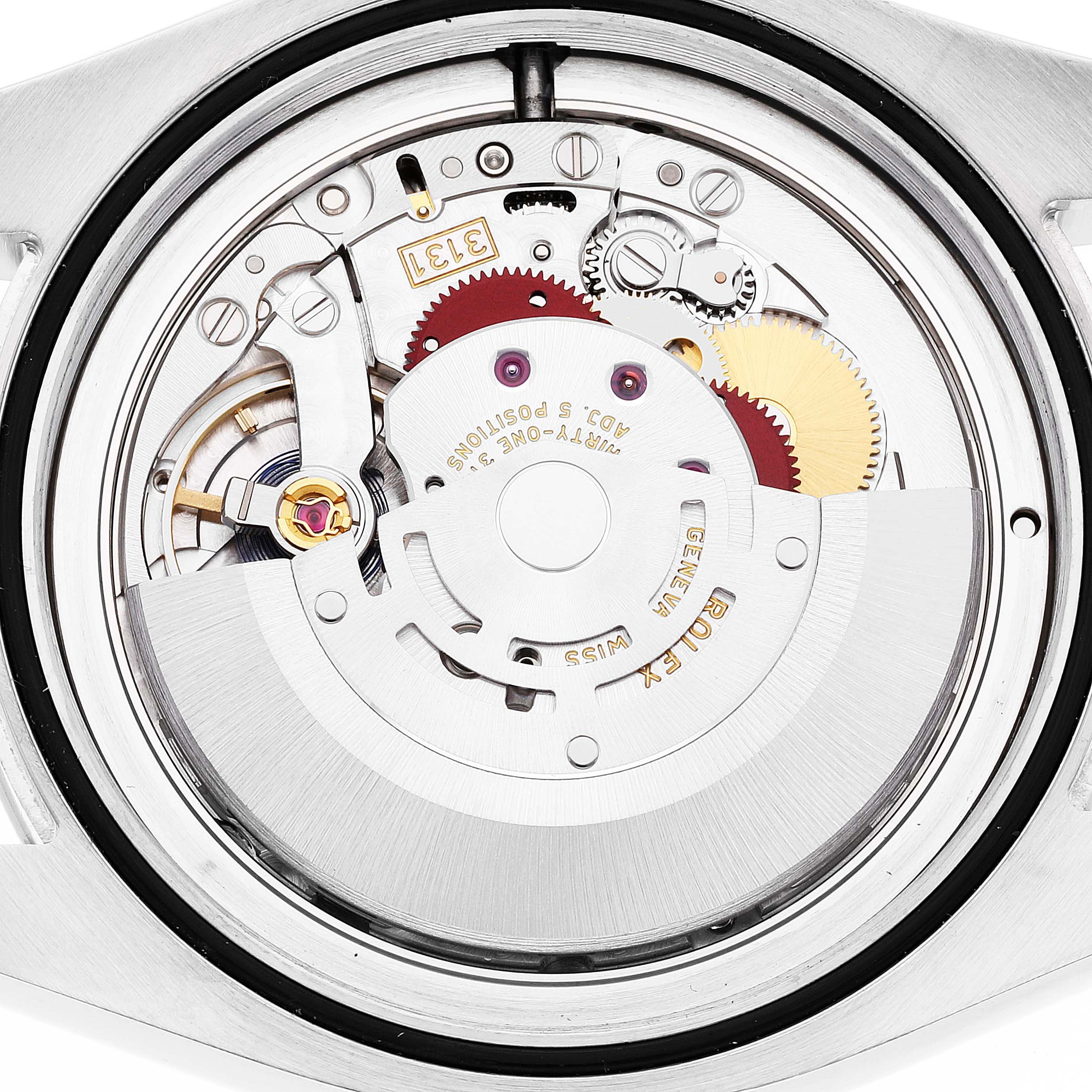The image shows an internal view of the Rolex Air-King 116900 Men's Stainless Steel Black Dial 116900 Men's Stainless Steel Black Dial watch mechanism from the back side.