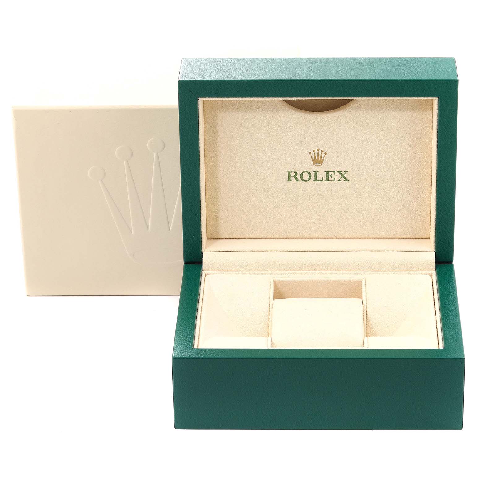 The image shows an open Rolex Air-King 116900 Men's Stainless Steel Black Dial 116900 Men's Stainless Steel Black Dial watch box and its cover, with the Rolex logo inside the box.