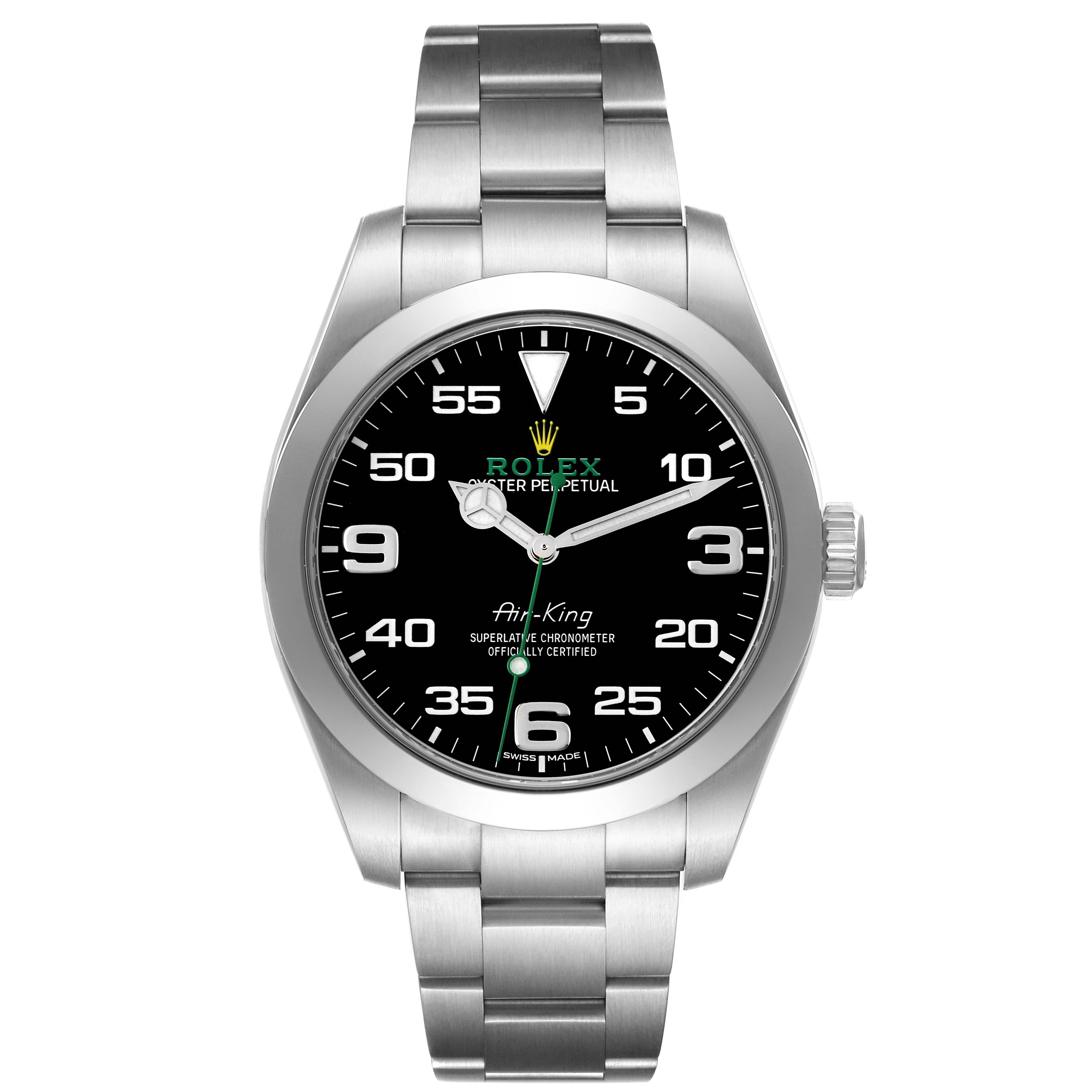 The Rolex Air-King 116900 Men's Stainless Steel Black Dial 116900 Men's Stainless Steel Black Dial watch is shown from a front angle, displaying the face, bezel, and bracelet.