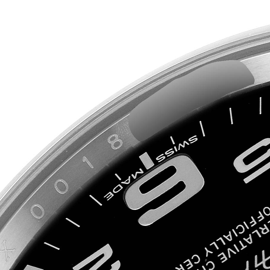 The image shows a close-up of the dial and bezel of a Rolex Air-King 116900 Men's Stainless Steel Black Dial 116900 Men's Stainless Steel Black Dial watch, highlighting the numbers, text, and outer rim.