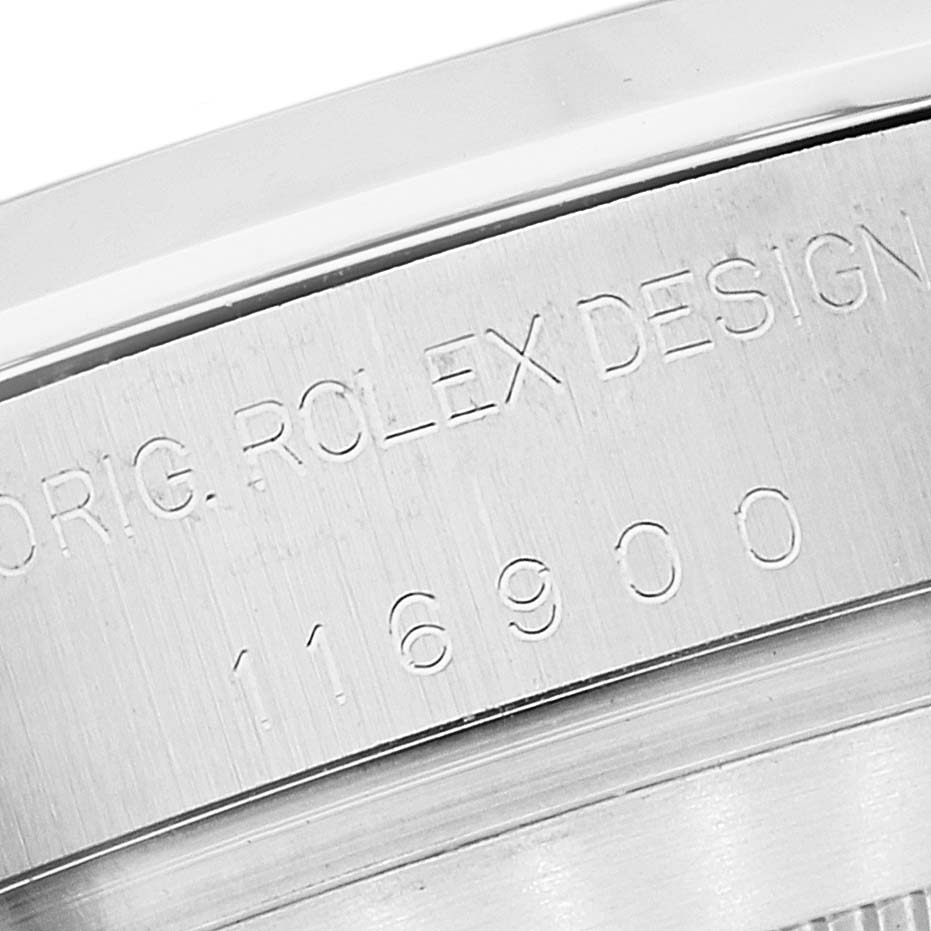 This image shows a close-up angle of the serial number and engraving on the side of the casing of a Rolex Air-King 116900 Men's Stainless Steel Black Dial 116900 Men's Stainless Steel Black Dial watch.