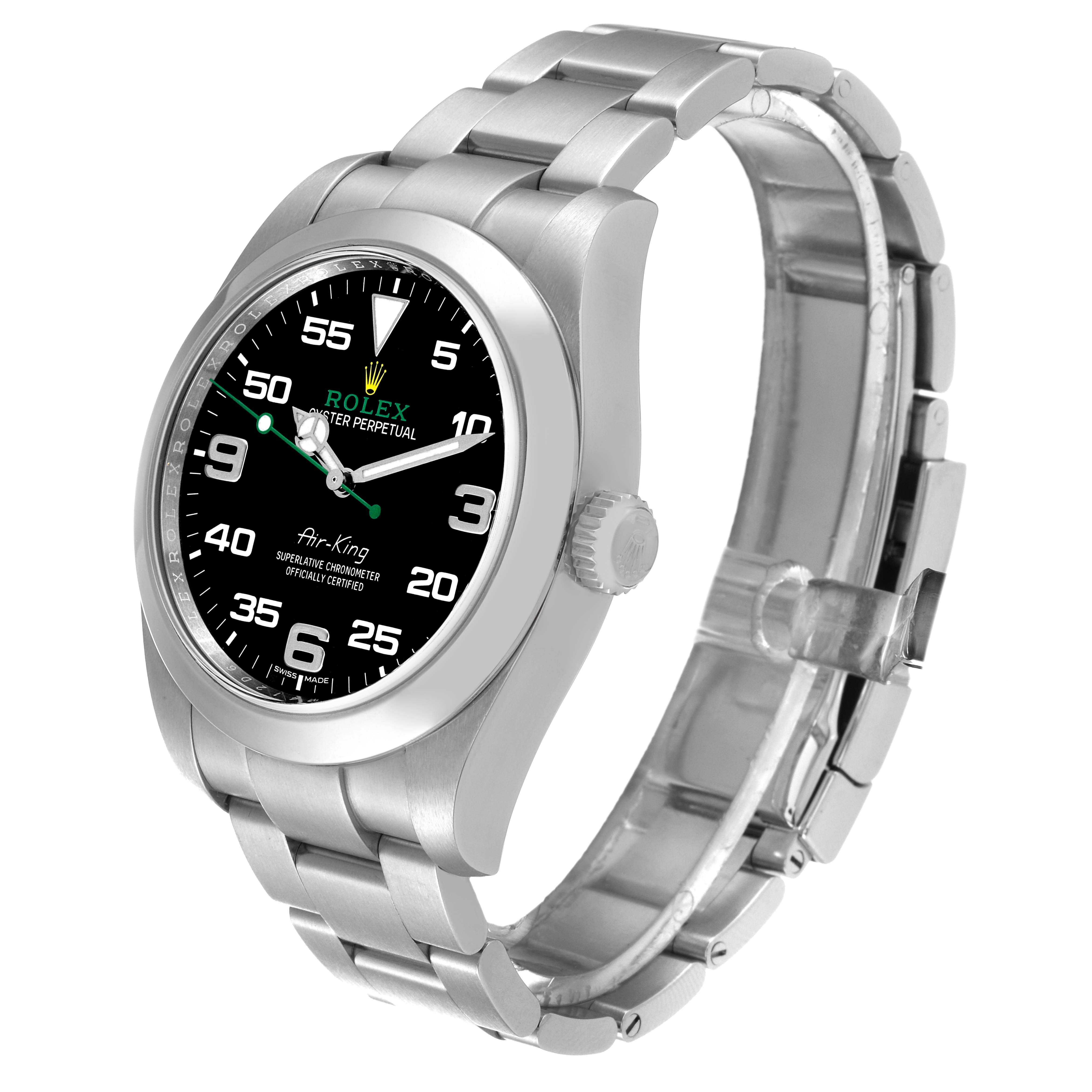 The image shows a Rolex Air-King 116900 Men's Stainless Steel Black Dial 116900 Men's Stainless Steel Black Dial watch at a slight angle displaying the face, crown, and bracelet.